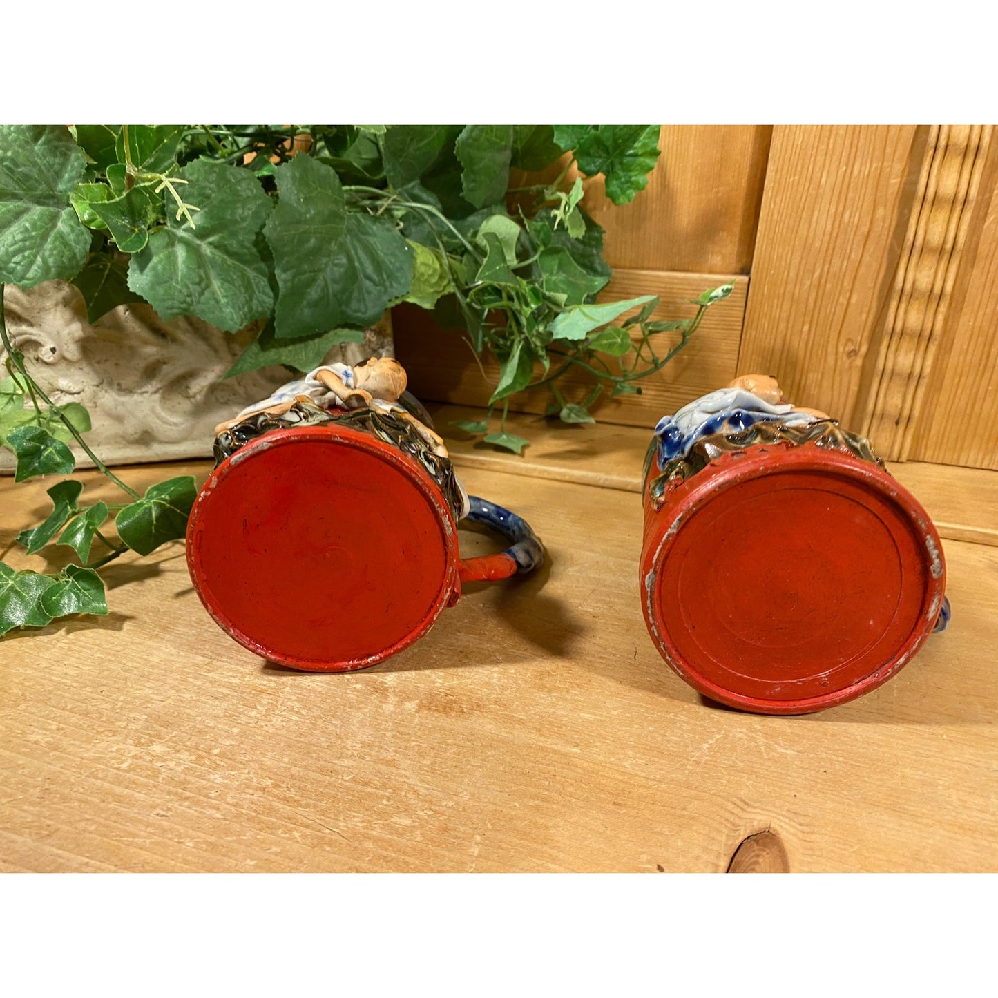 Antique Japanese Sumida Gawa Mugs -Set of 2 | Indue Ryosai Pottery | Asian | Vintage Glazed Pottery Art Mugs with 3D Figures | Academia