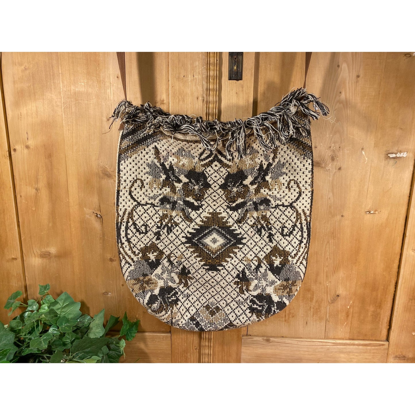 Vintage Handcrafted Tapestry Blanket Handbag with Fringe Trim | Handmade Boho Knit Shoulder Bag | Bohemian Handbag | Neutrals | Boho Handbag