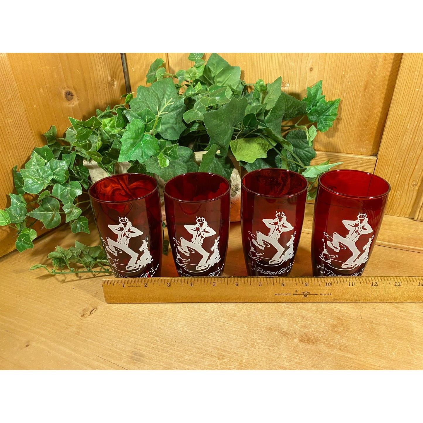 Vintage Ruby Red Glass Square Dancing Glasses - Set of 4 | Partners All | Anchor Hocking | Ruby Glass Water Glasses | Midcntury Modern