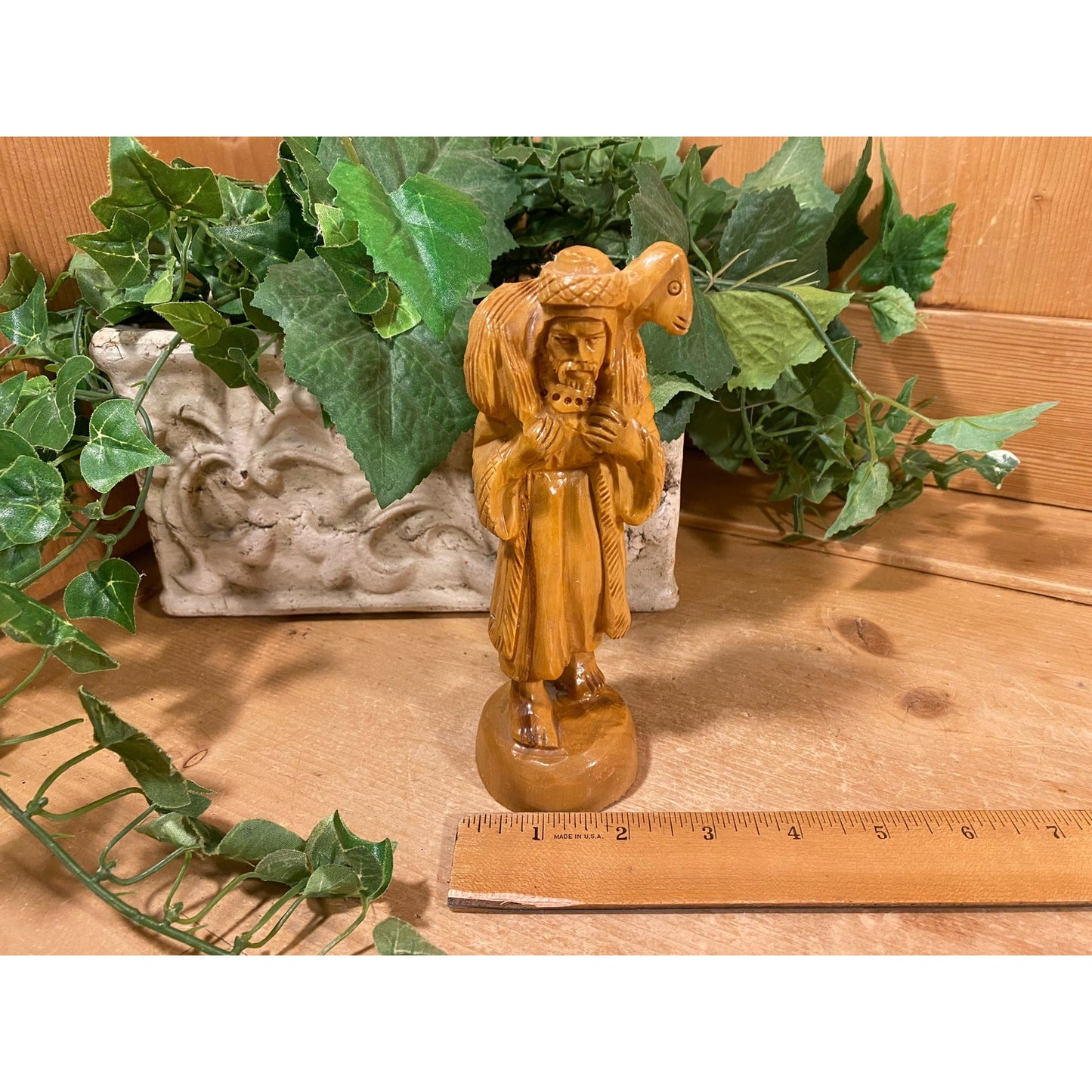 Vintage Carved Wood Shepherd with Lamb Figurine | Religious Decor | Good Shepherd Wooden Figurine | Christian | Farmhouse Shelf Decor | Lamb