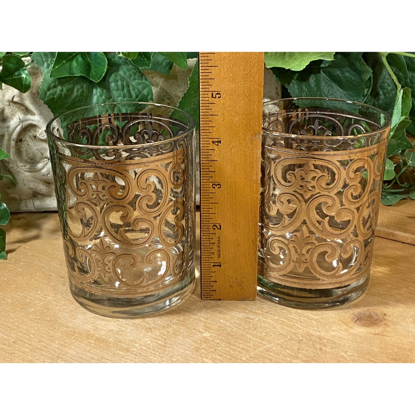 Vintage Spanish Scroll Double Old Fashioned Glasses - Set of 2 | Georges Briard | 22K Gold Filigree | Academia | Glasses with Gold Accents