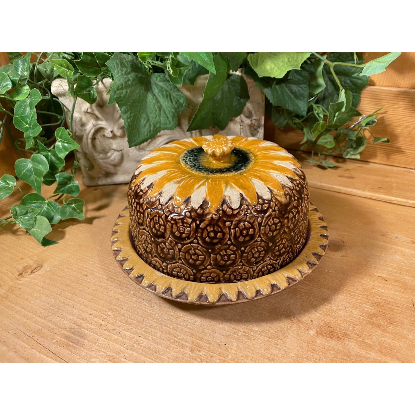 Vintage Flowered Majolica Pottery Cheese Dome with Lid | Yellow and Brown | Cottagecore Decor | Shabby Chic | Floral Victorian Table Decor