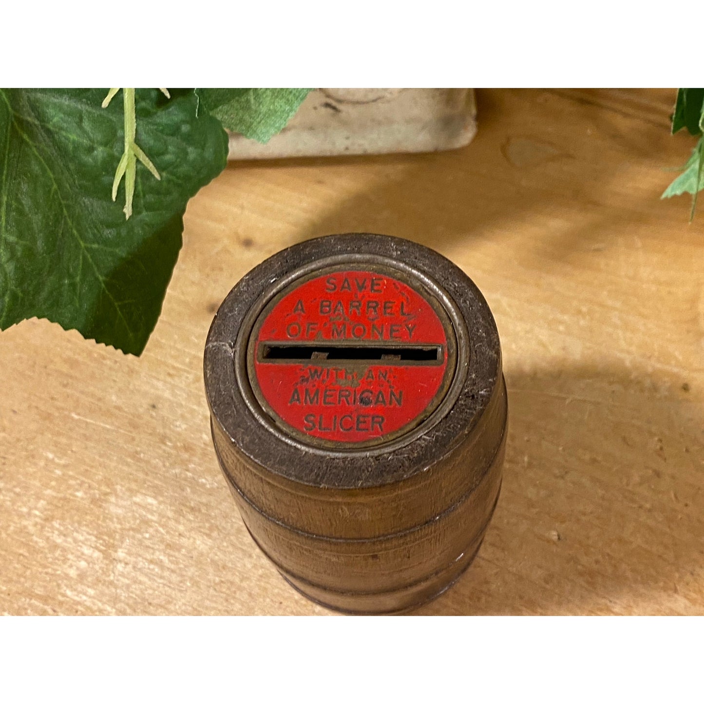 Vintage Wooden Barrel Coin Bank | "Save A Barrel of Money with An American Slicer" | Wood Barrel Coin Bank | Vintage Advertising | Farmhouse