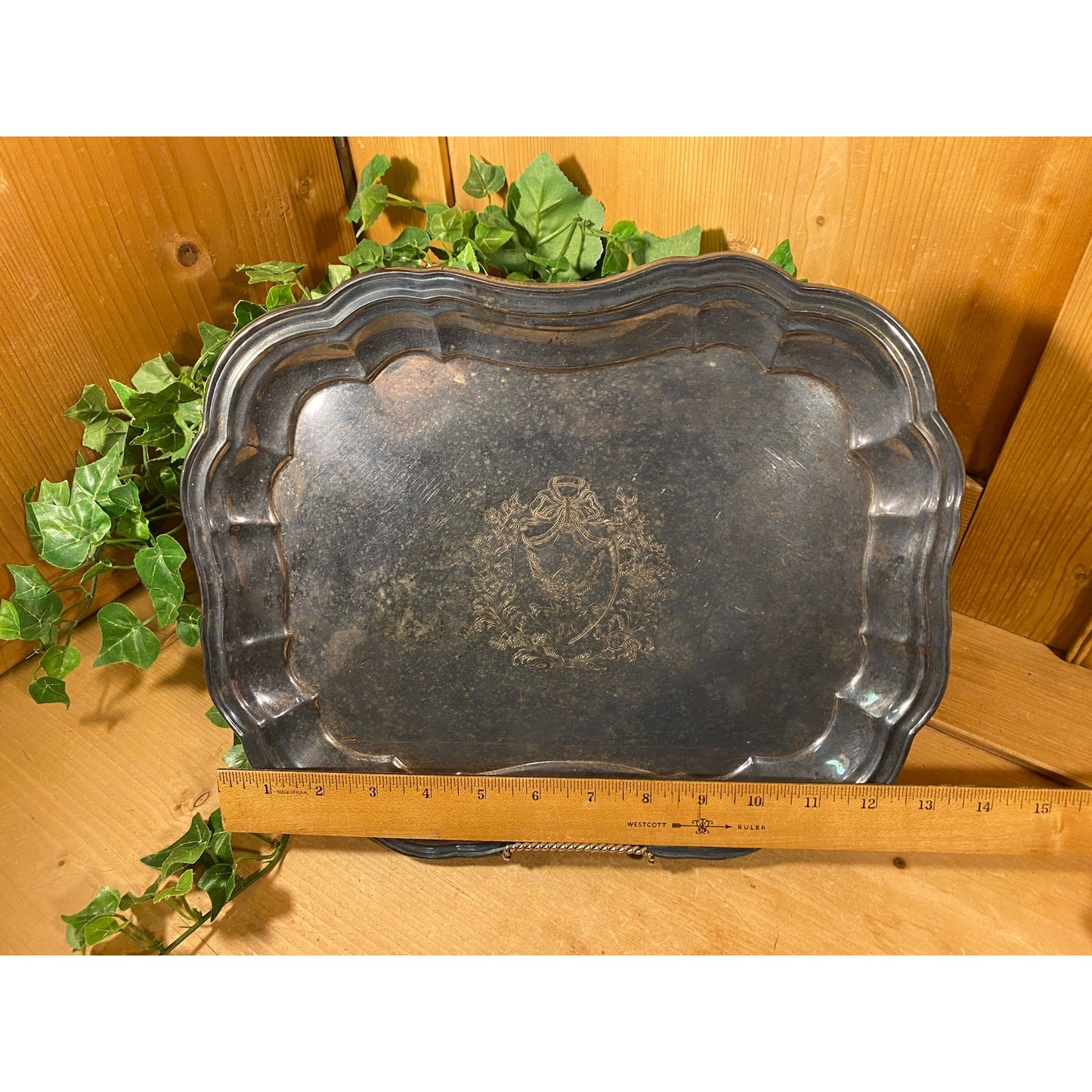 Vintage Scalloped Silverplate Serving Tray with Embossed Eagle Crest | Victorian Decor | Metal Serving Tray | Shabby Chic Kitchen Decor