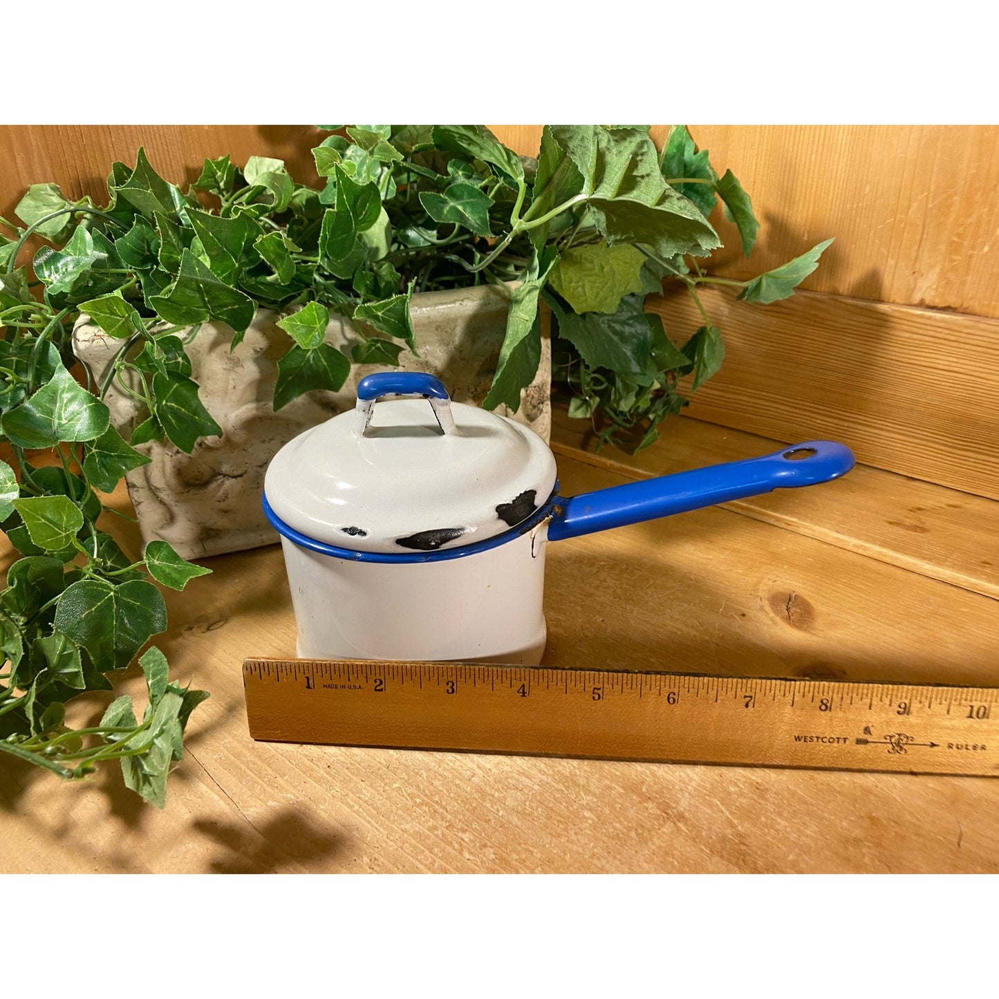 Vintage White and Blue Enamel Sauce Pan with Lid | White + Blue Enamel Pot | Farmhouse Kitchen | White + Blue Enamel Cookware | Enamelware