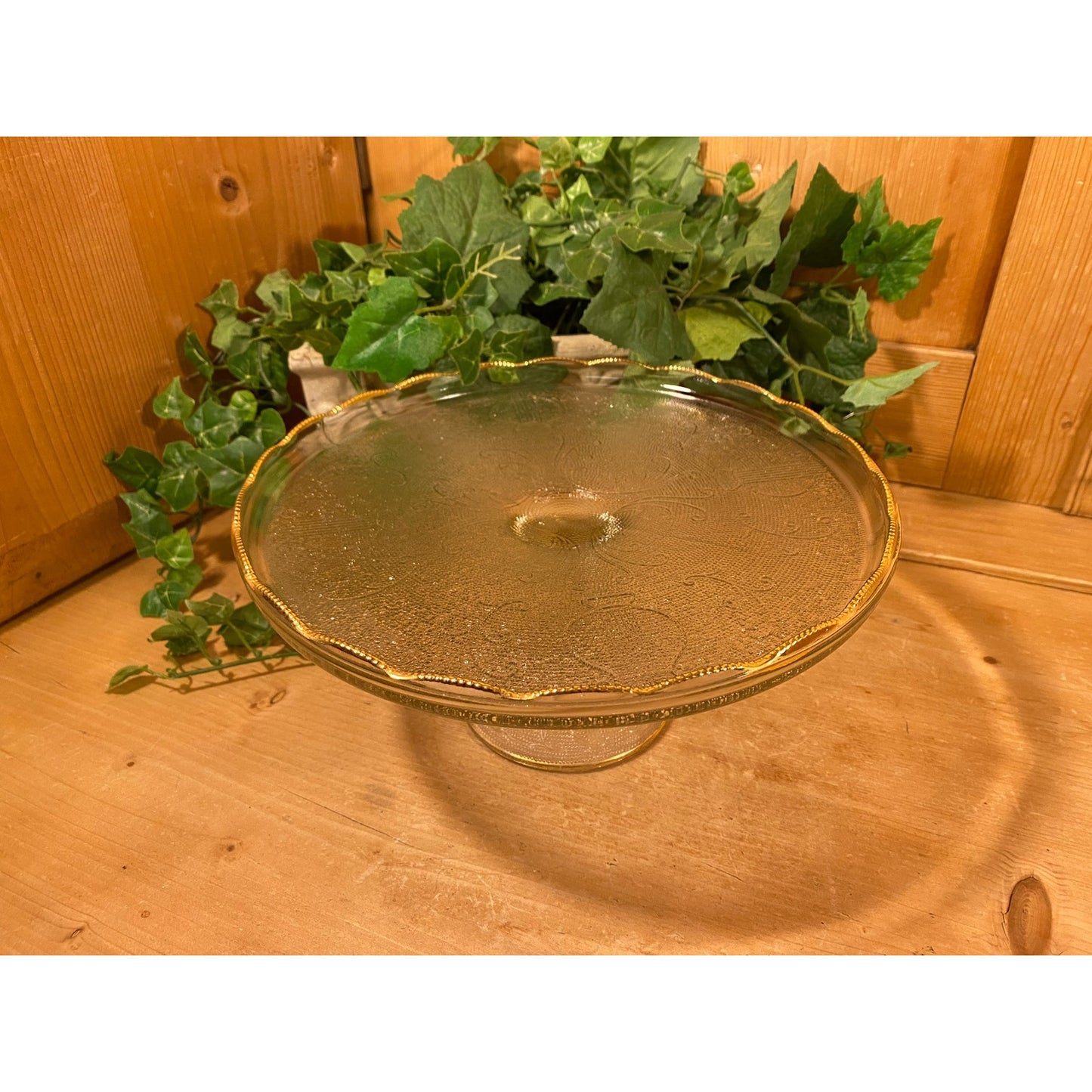 Vintage Clear Glass Pedestal Cake Stand with Gold Bead Trim | Jeanette | Lyre & Harp | Victorian Pedestal Cake Serving Plate | Dessert Stand