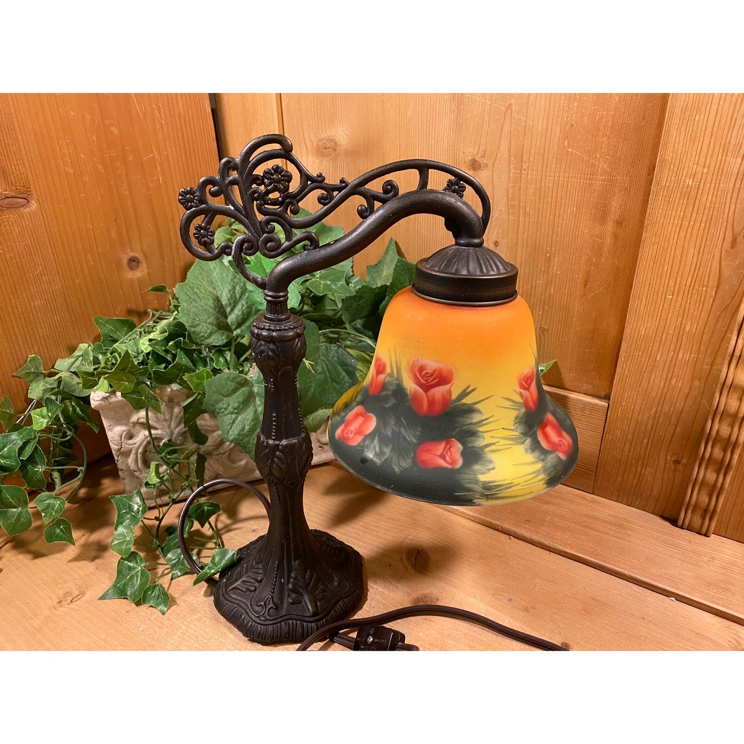 Vintage Handpainted Art Glass Table Lamp | Bridge Arm Victorian Accent Lamp | Art Glass Shade with Painted Roses | Ornate Metal Base