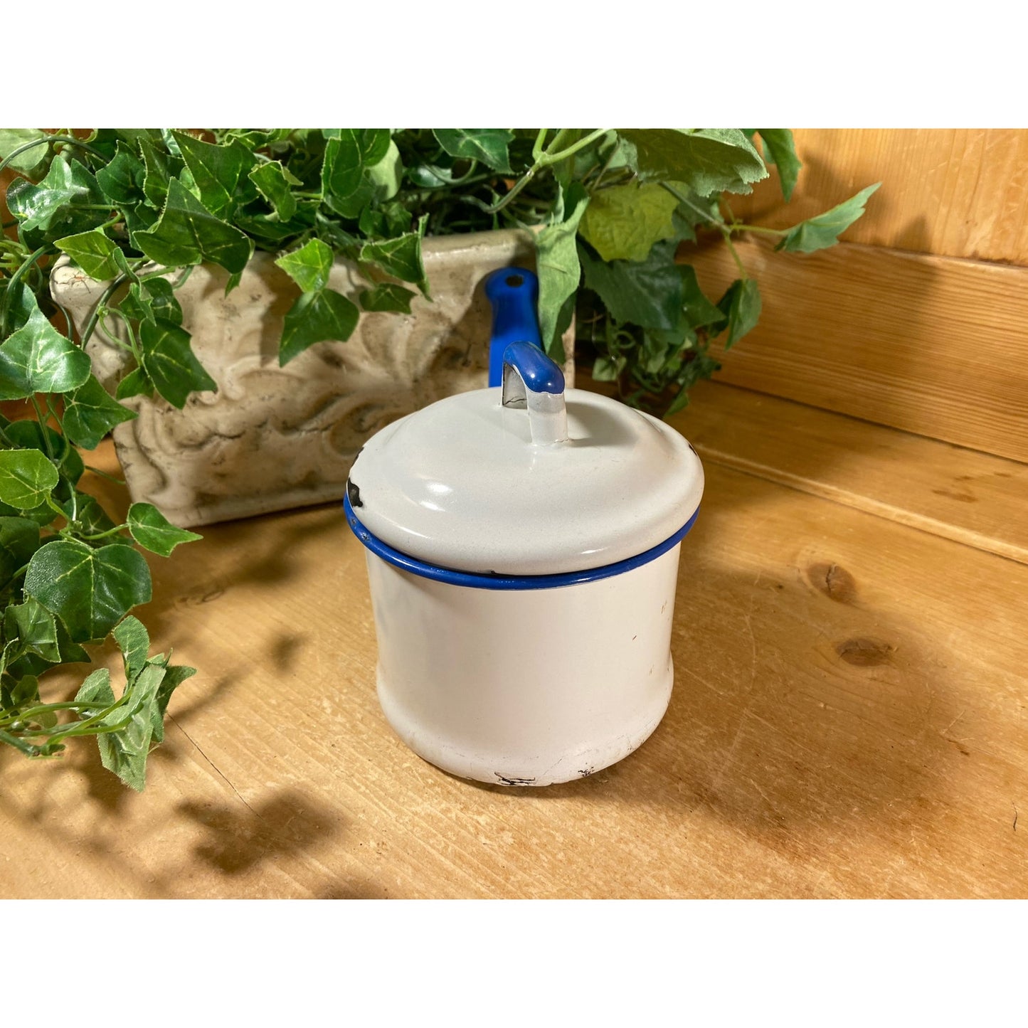 Vintage White and Blue Enamel Sauce Pan with Lid | White + Blue Enamel Pot | Farmhouse Kitchen | White + Blue Enamel Cookware | Enamelware