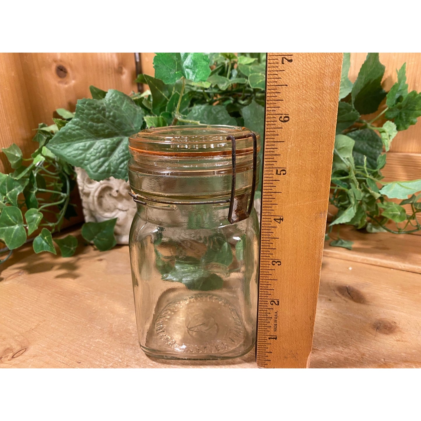Antique Wide Mouth Square Queen Canning Jar with Kant Krack Lid | Wire Bale Lid | Vintage Glass Mason Jar | Primitives | Farmhouse Decor