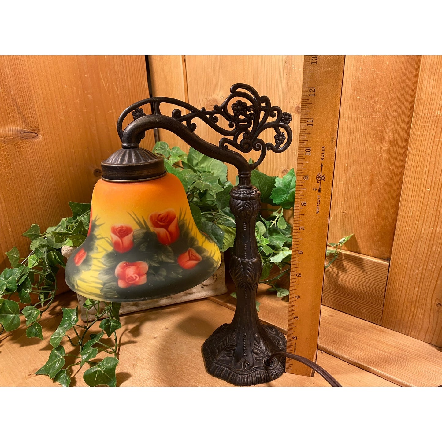 Vintage Handpainted Art Glass Table Lamp | Bridge Arm Victorian Accent Lamp | Art Glass Shade with Painted Roses | Ornate Metal Base
