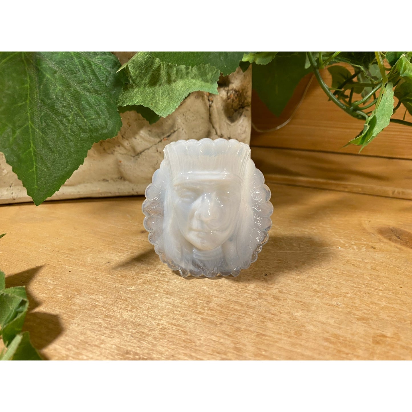 Vintage Art Glass Indian Chief Toothpick Holder | Boyd Glass | Opalescent Oyster White Depression Glass Toothpick Holder | Midcentury Modern