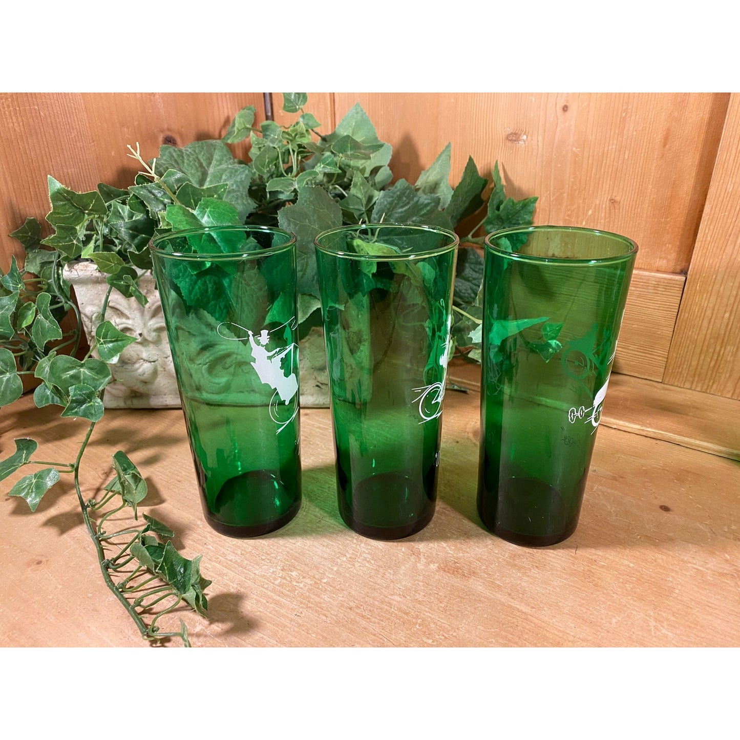 Vintage "Gay '90s Green Glass Drinking Glasses | Anchor Hocking | 3 Bicycle for Two, 2 Gas Buggy, 3 The Hansom | Green Glass Cups with 1890s