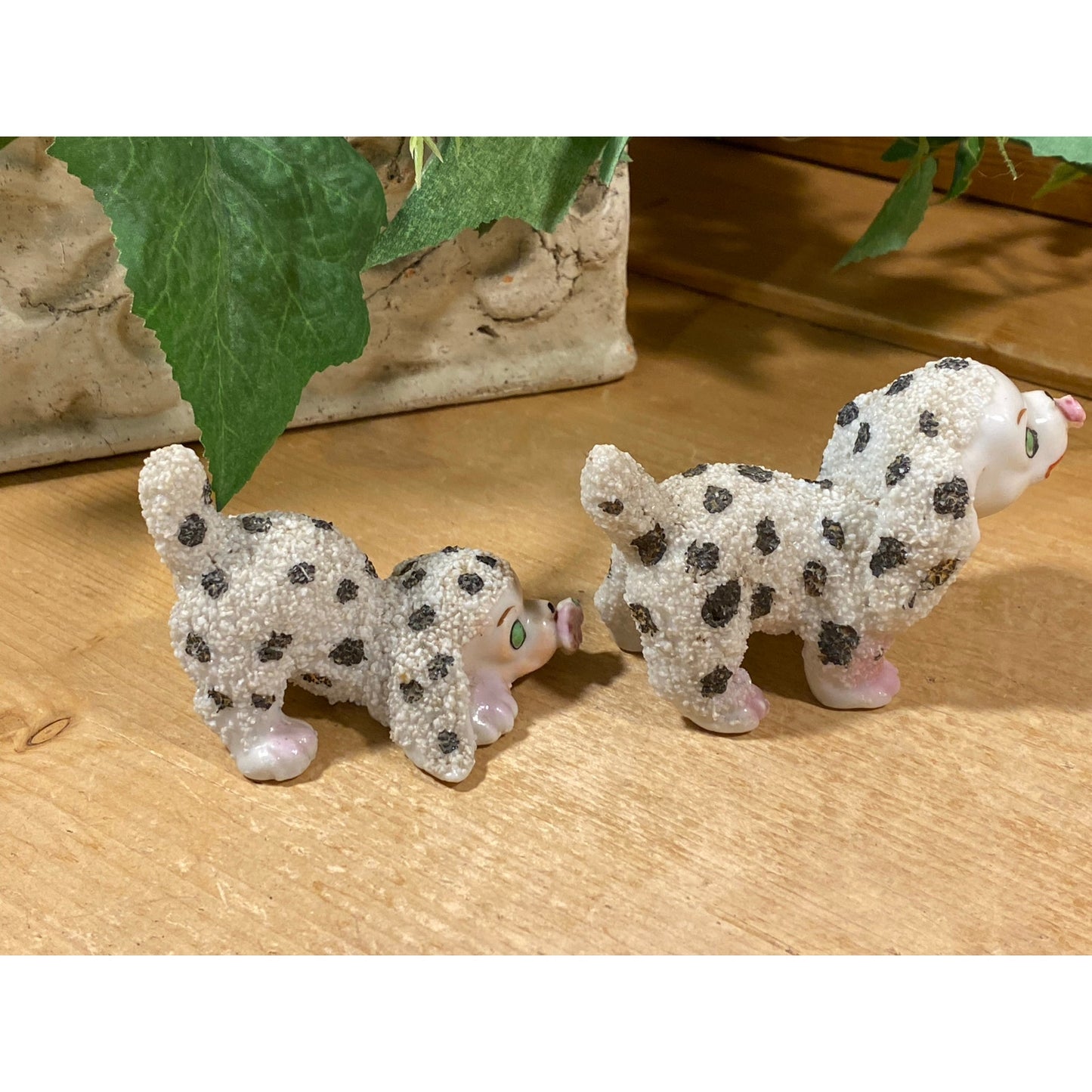 Vintage Sugar-Glazed Porcelain Dog Figurines - Set of 2 | Made In Japan | Black + White Spotted Dogs with Flowers | Midcentury Dog Figurines