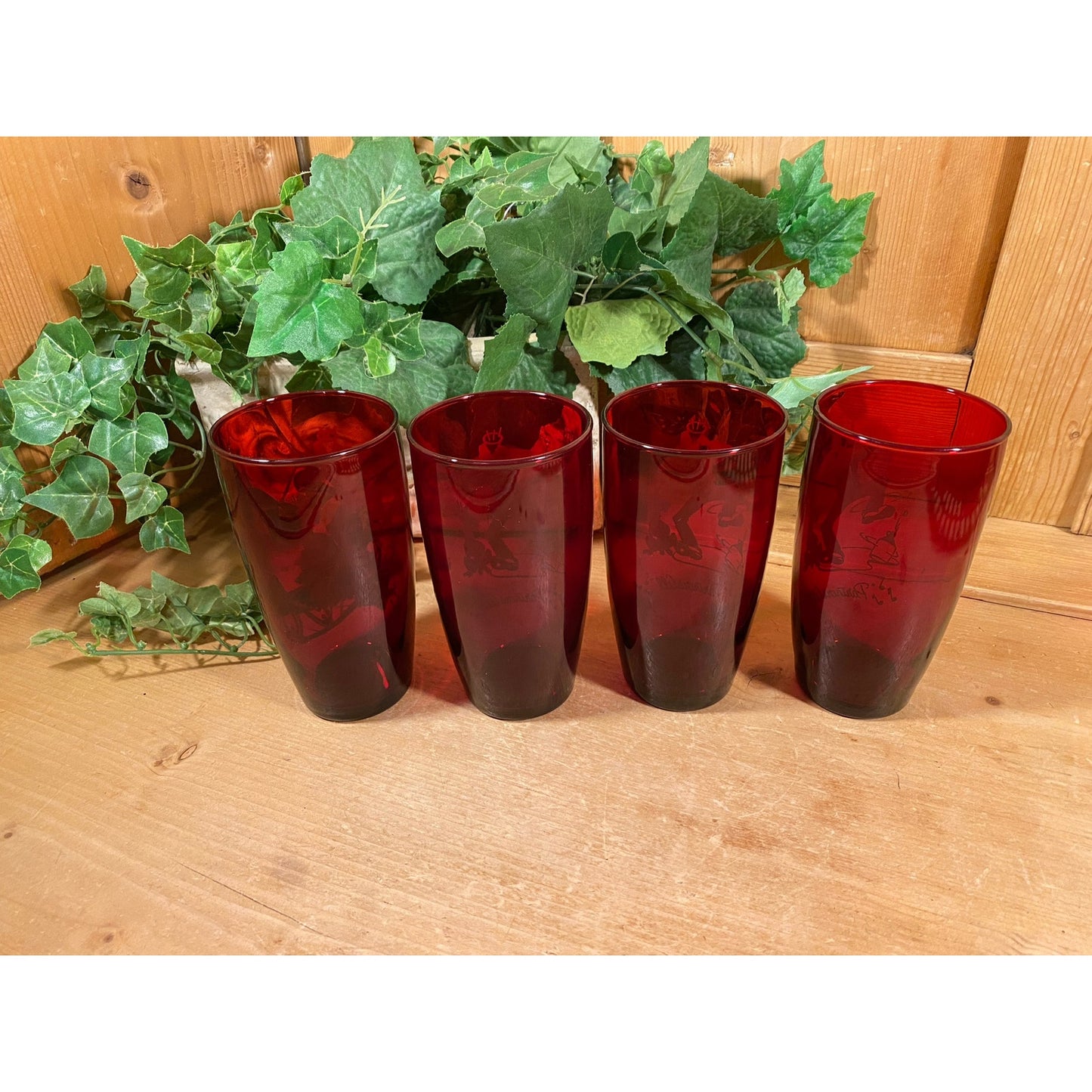 Vintage Ruby Red Glass Square Dancing Glasses - Set of 4 | Partners All | Anchor Hocking | Ruby Glass Water Glasses | Midcntury Modern