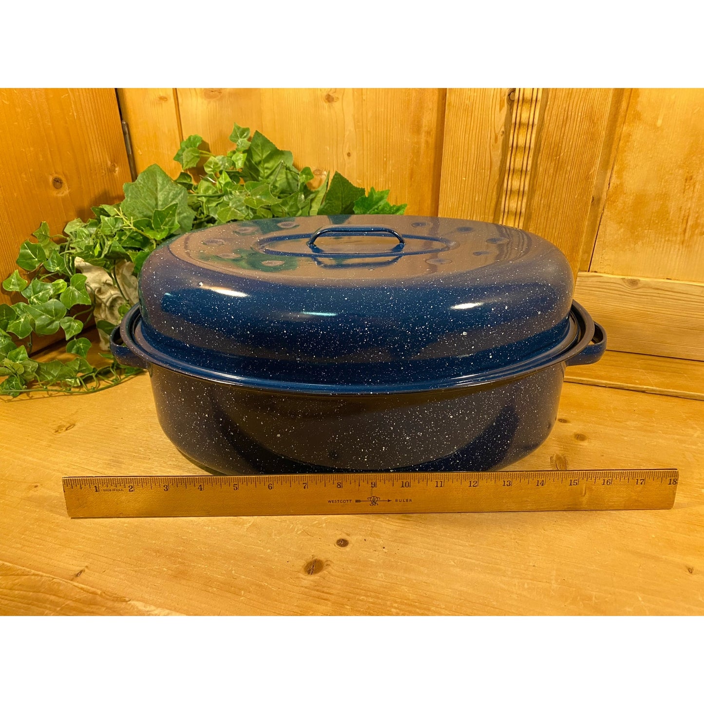Vintage Large Blue Speckled Enamelware Roasting Pan | Enamel Roaster Pan with Cover | Metal Roaster with Juice Grooves | Farmhouse Kitchen