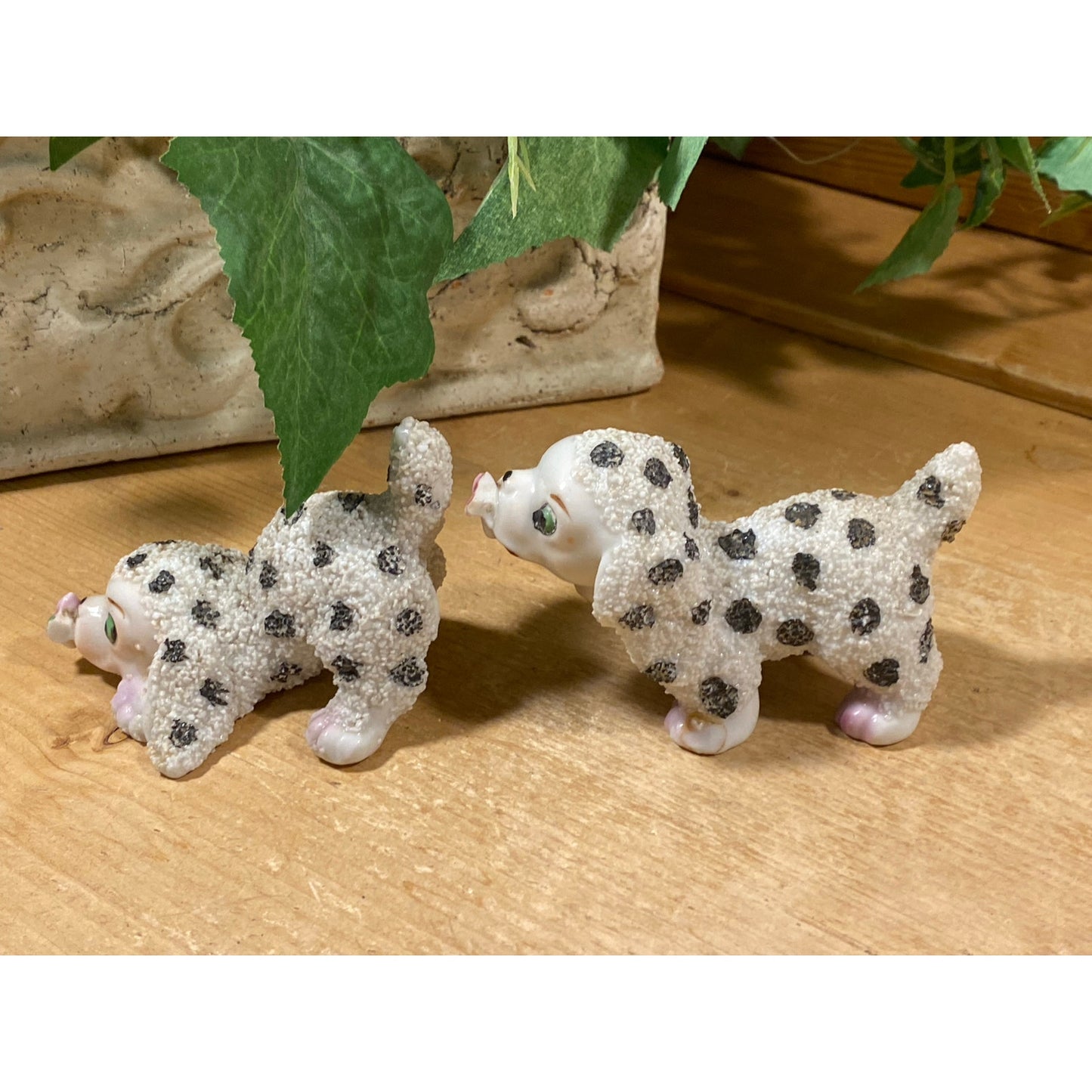 Vintage Sugar-Glazed Porcelain Dog Figurines - Set of 2 | Made In Japan | Black + White Spotted Dogs with Flowers | Midcentury Dog Figurines