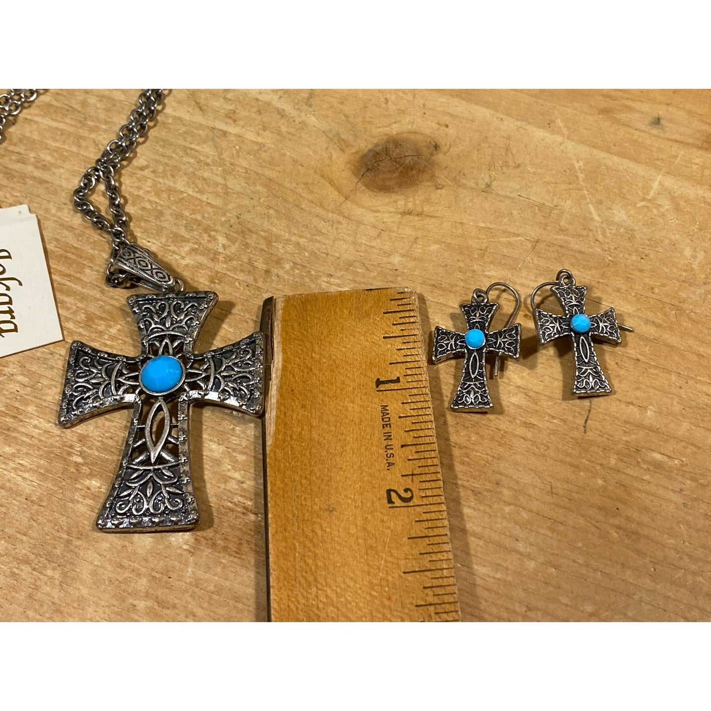 Vintage Gothic Cross Necklace and Earrings | Jokara | Metal Cross Necklace On Chain + Dangle Cross Pierced Earrings | Womens Fashion Jewelry