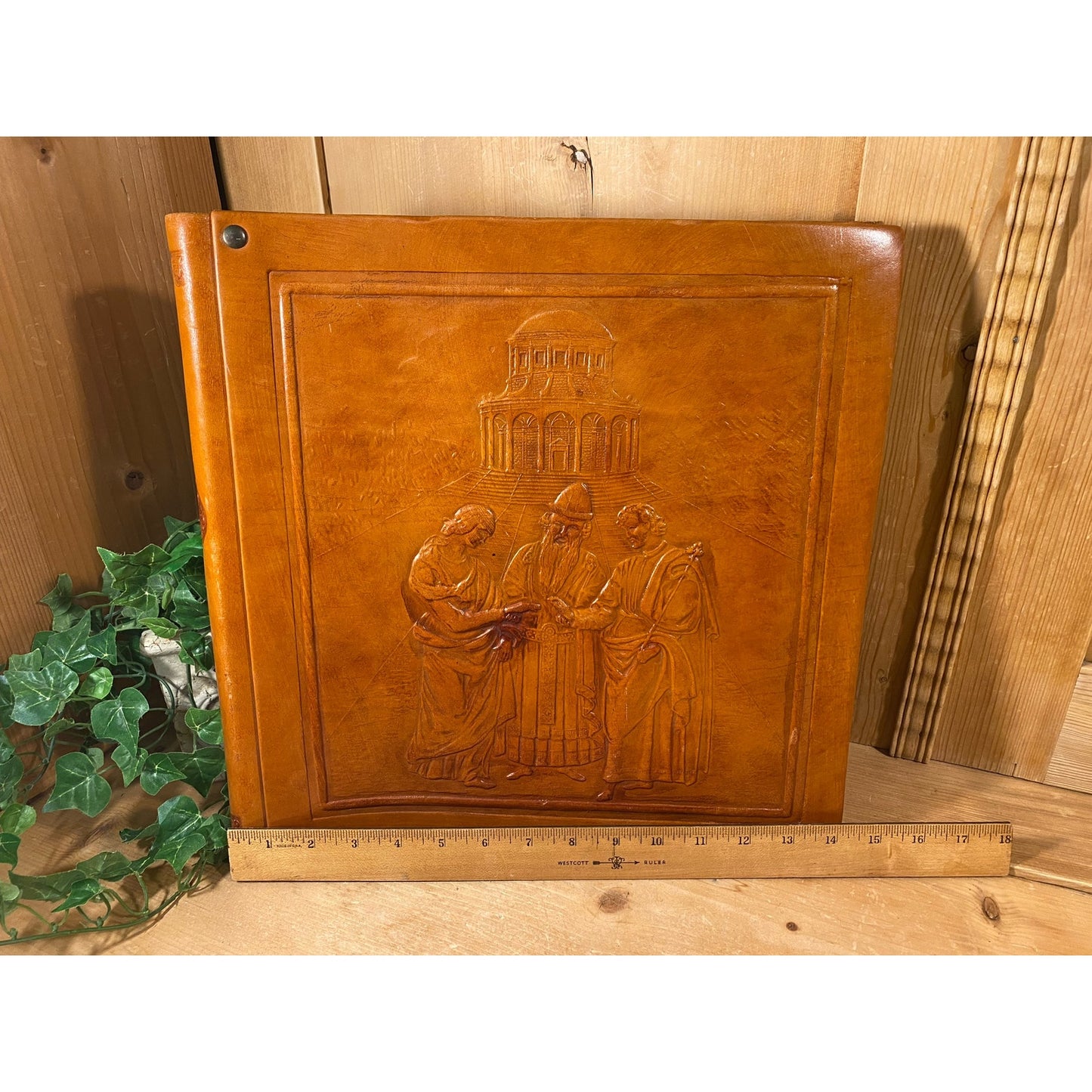 Vintage Leatherbound Sketch Book or Scrapbook w/ Embossed Greek Scene | Athens Greece | Unused, Blank Pages | Brown Leather Cover | Academia