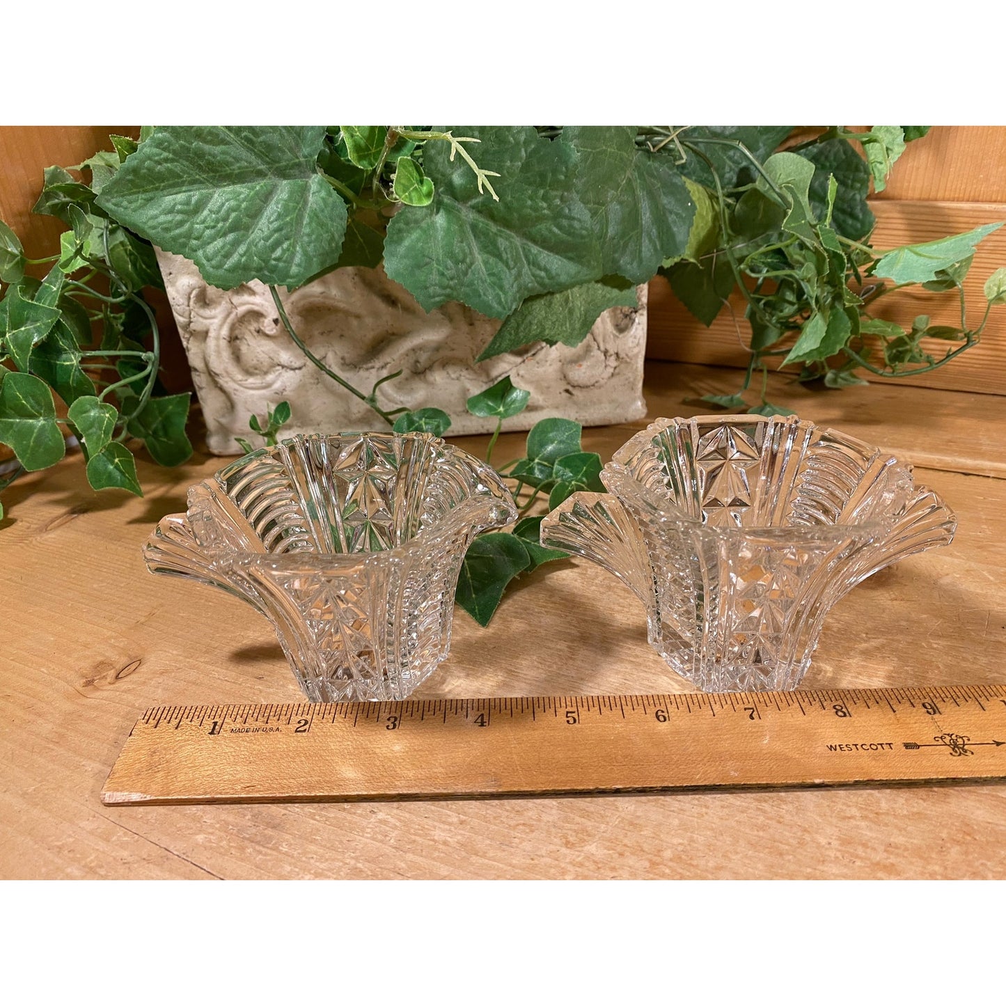 Vintage Clear Cut Glass Sugar and Creamer - Set of 2 | Fan Handle and Starburst Base | Victorian | Clear Glass Sugar Bowl + Cream Pitcher