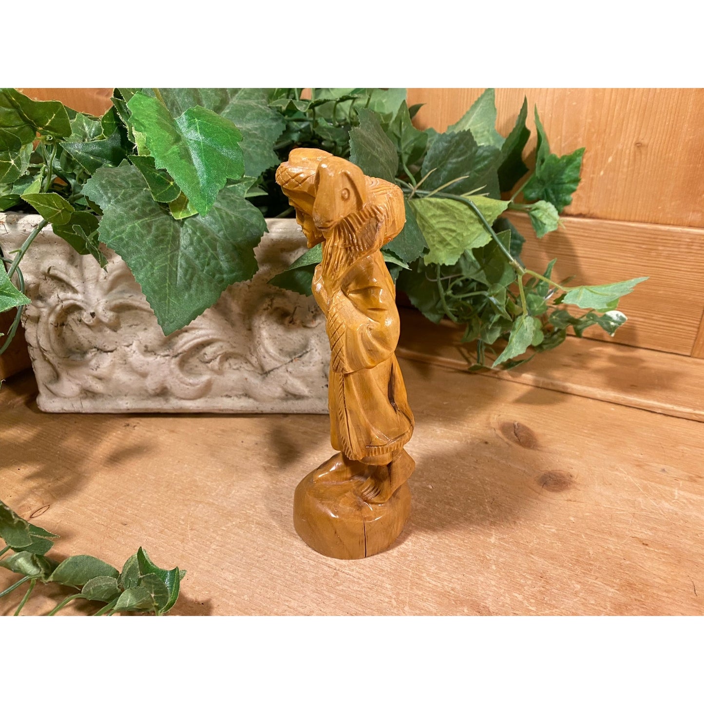 Vintage Carved Wood Shepherd with Lamb Figurine | Religious Decor | Good Shepherd Wooden Figurine | Christian | Farmhouse Shelf Decor | Lamb