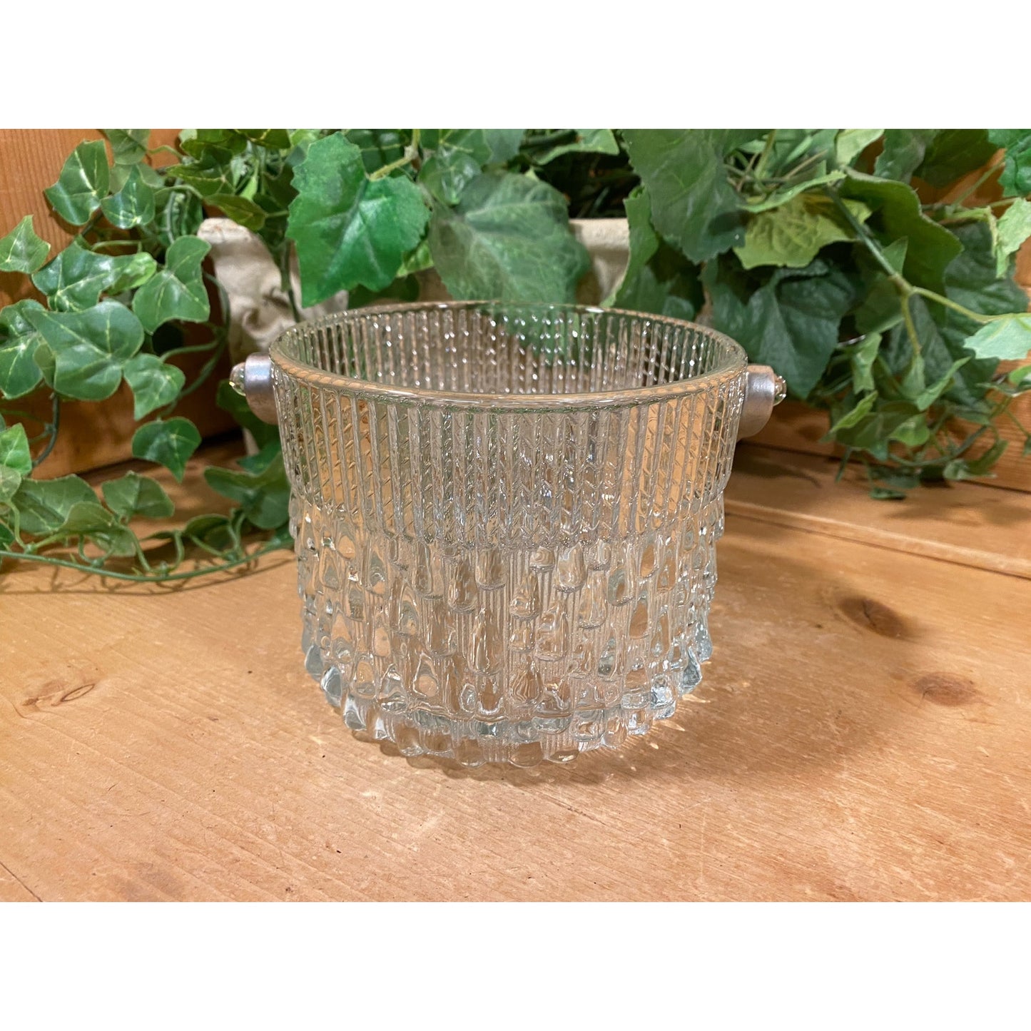 Vintage Round Clear Glass Ice Bucket with Metal Handle | Teleflora | Wine Chiller | MCM | Champagne Bucket | Ice Pail | Midcentury Modern