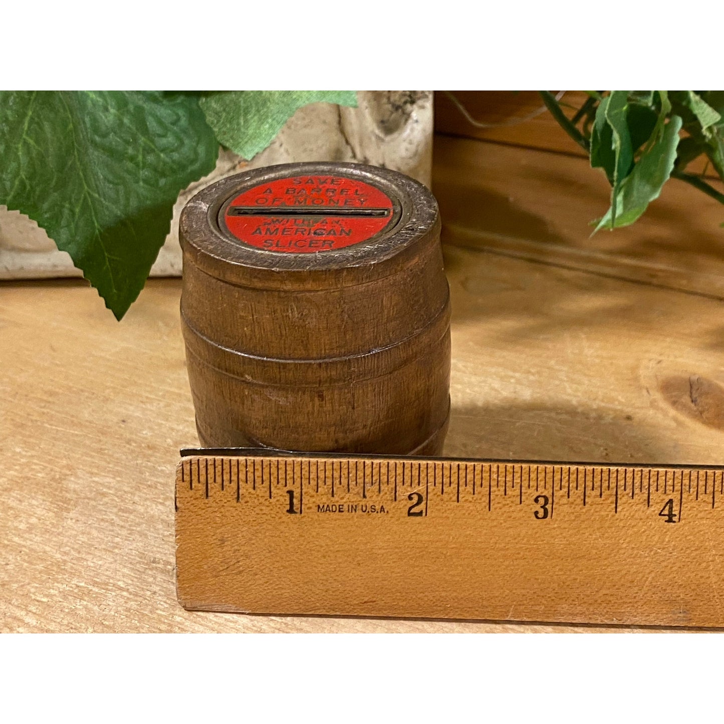 Vintage Wooden Barrel Coin Bank | "Save A Barrel of Money with An American Slicer" | Wood Barrel Coin Bank | Vintage Advertising | Farmhouse