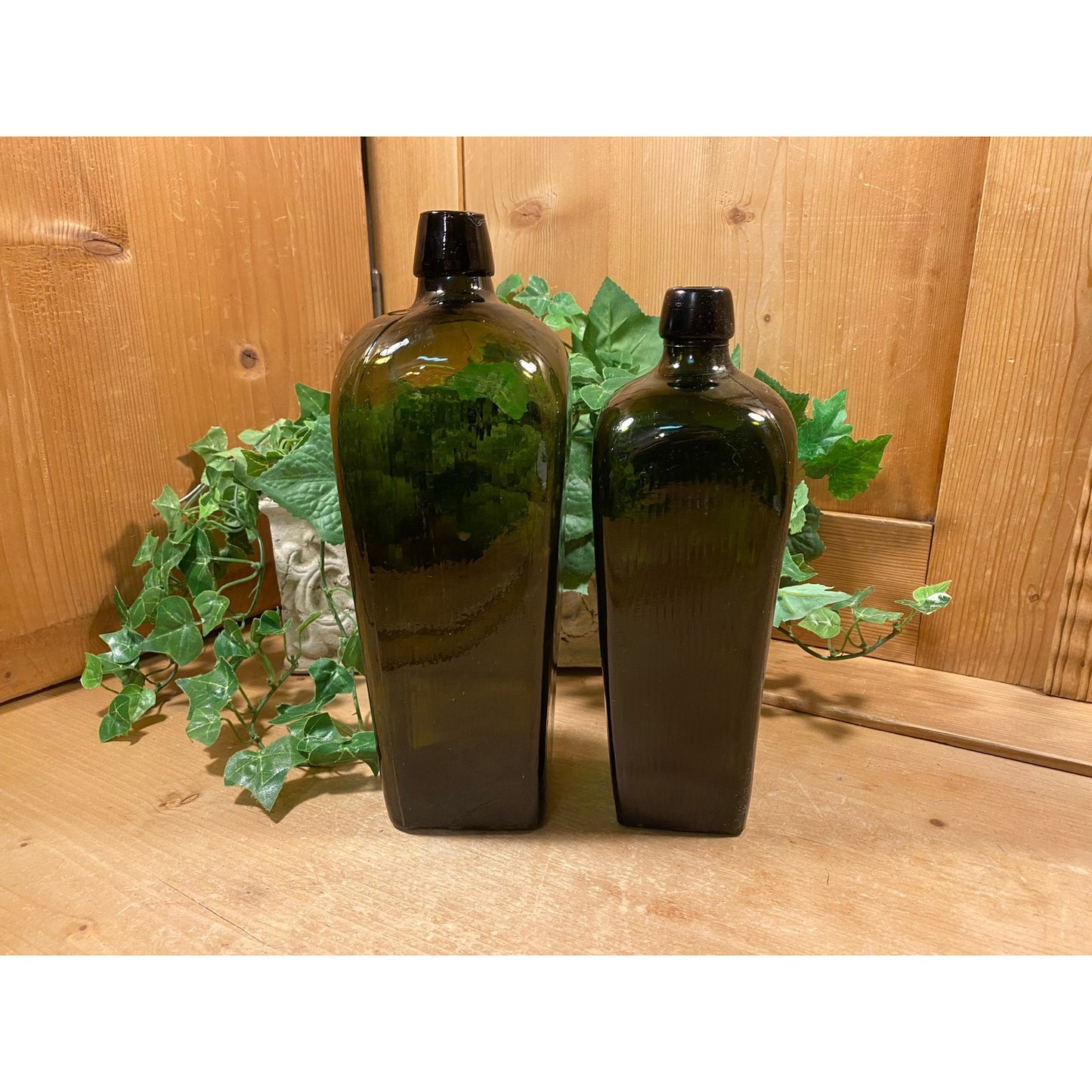 Antique Green Glass Bottles - Set of 2 | Olive Green Liquor Bottles | Primitive Shelf Decor | Rustic Farmhouse Kitchen | Vintage Bottles