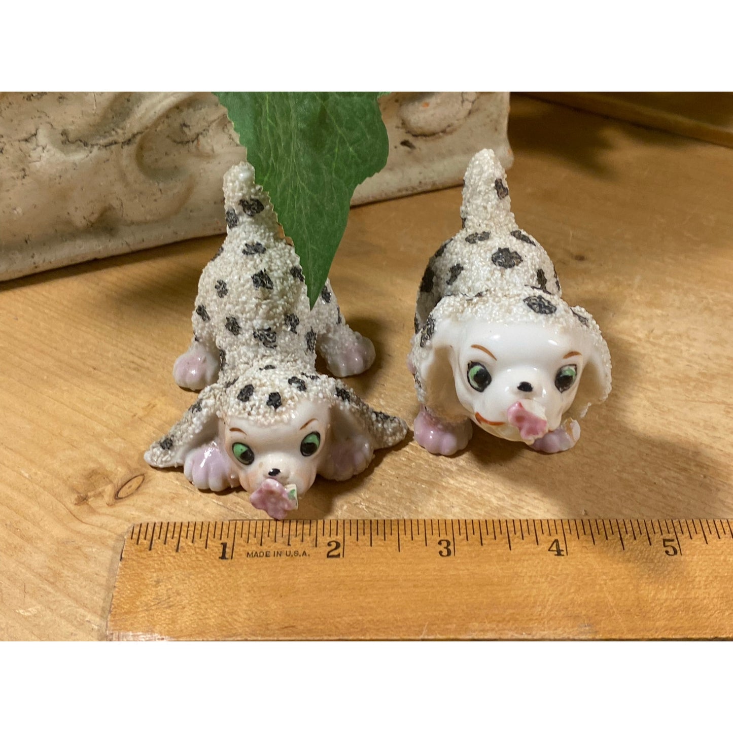 Vintage Sugar-Glazed Porcelain Dog Figurines - Set of 2 | Made In Japan | Black + White Spotted Dogs with Flowers | Midcentury Dog Figurines