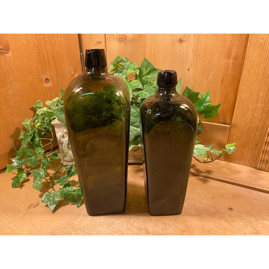 Antique Green Glass Bottles - Set of 2 | Olive Green Liquor Bottles | Primitive Shelf Decor | Rustic Farmhouse Kitchen | Vintage Bottles