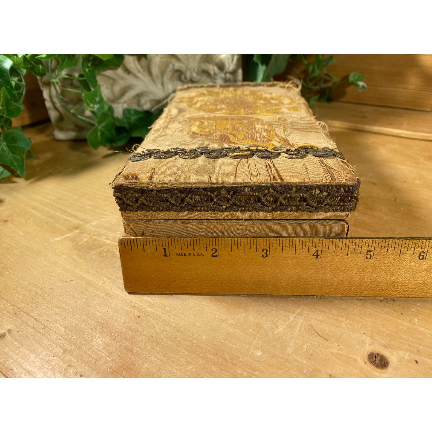 Antique Floral Fabric-Covered Writing Box with Fancy Trim | Victorian Dresser Decor | Wooden Decorative Box with Hinged Lid | Shabby Chic