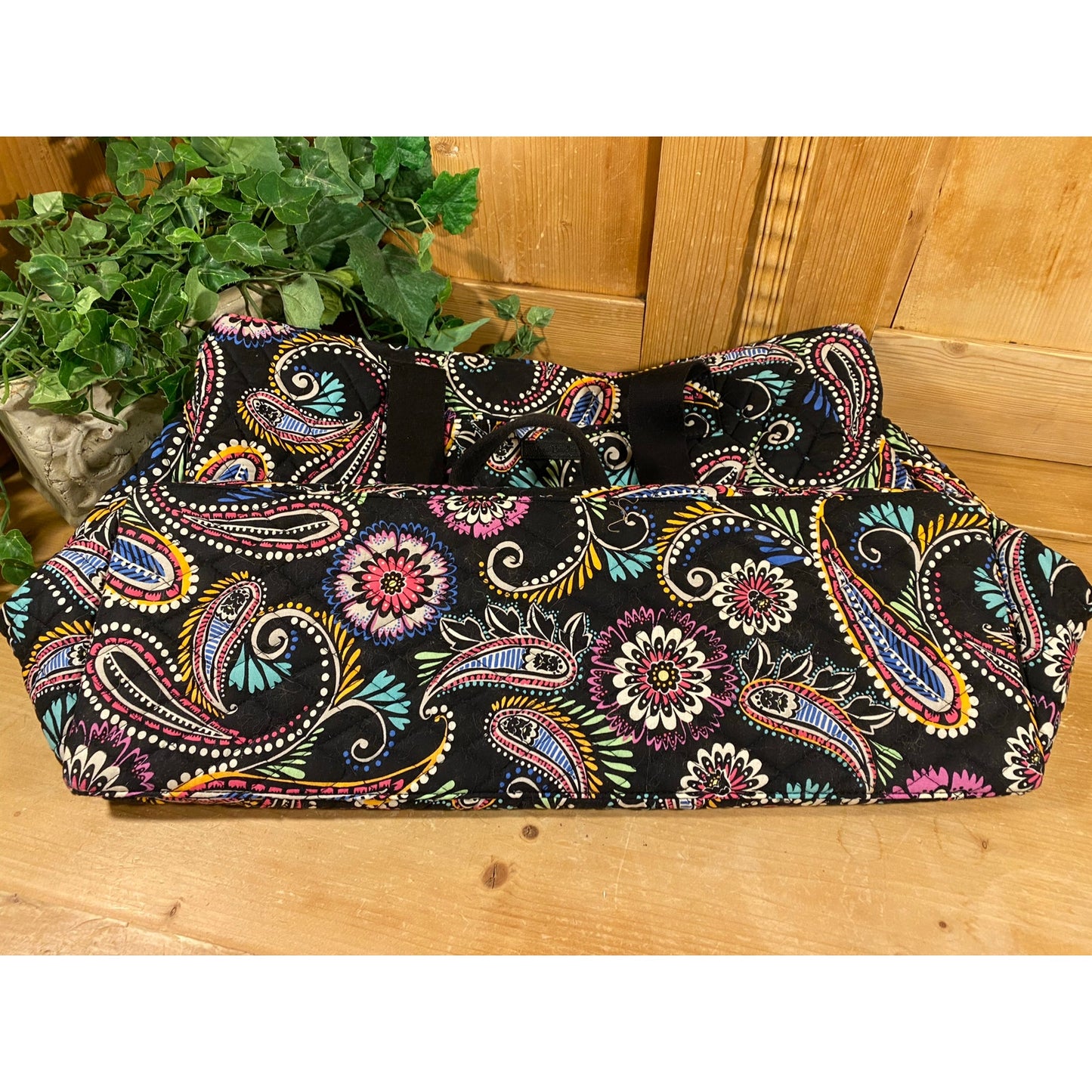 Vintage Vera Bradley Black Paisley Travel Tote | Bandana Swirl | 2009 | Retired Black Floral Tote Bag with Two Straps | Traveler Tote Bag
