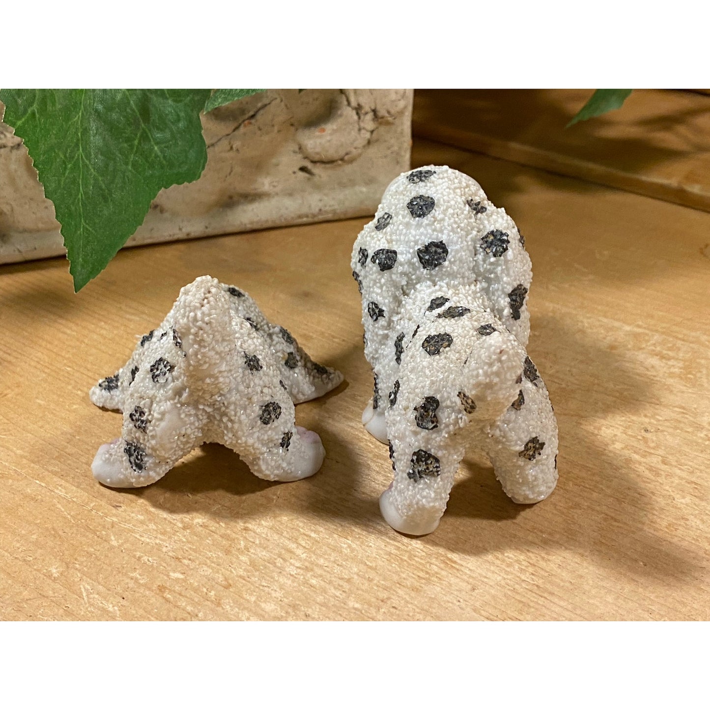 Vintage Sugar-Glazed Porcelain Dog Figurines - Set of 2 | Made In Japan | Black + White Spotted Dogs with Flowers | Midcentury Dog Figurines