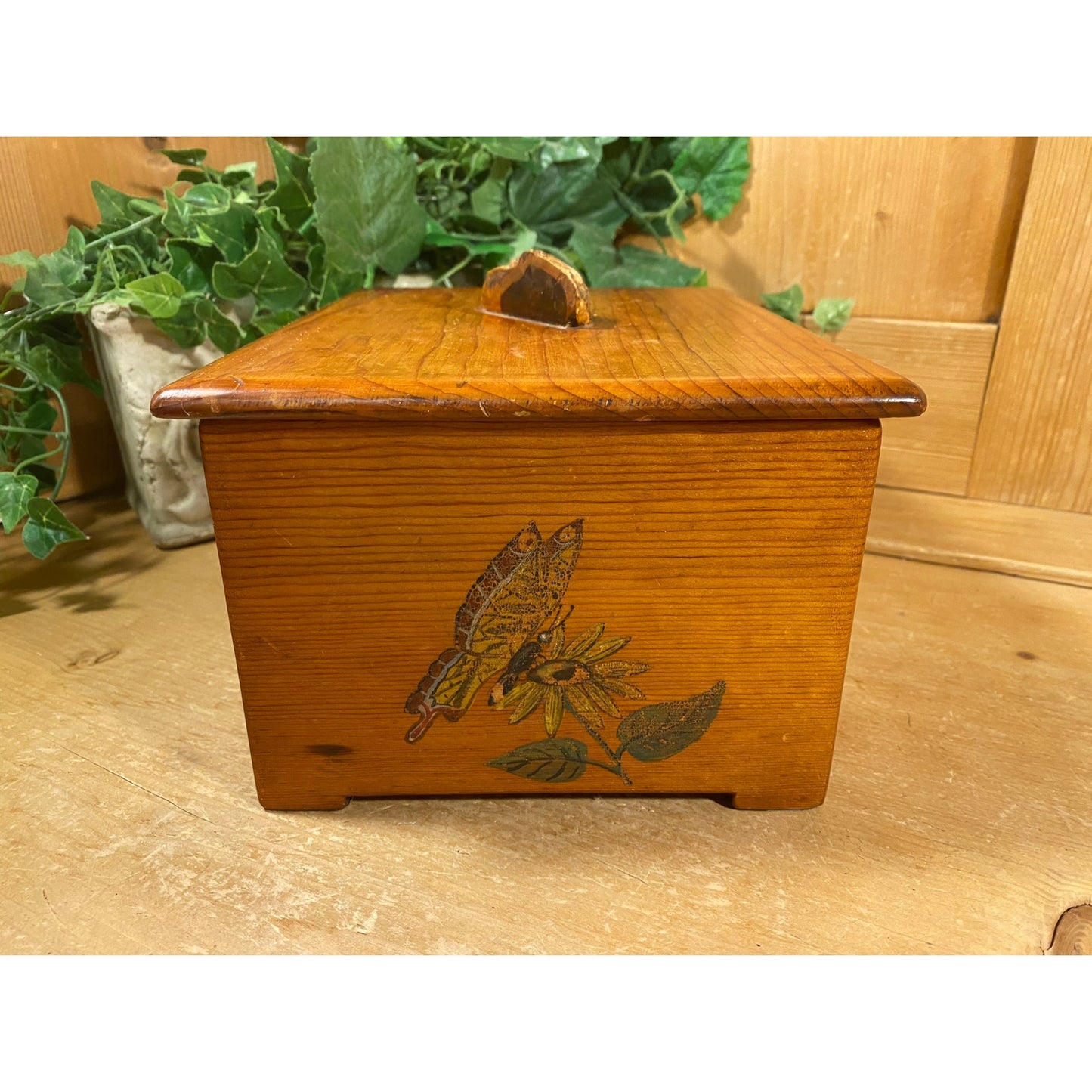 Vintage Hand-Painted Wooden Jewelry Box with Lid | Palm Trees and Cactus | Crystal City, TX | Inscription - 1944 | Midcentury Keepsake Box
