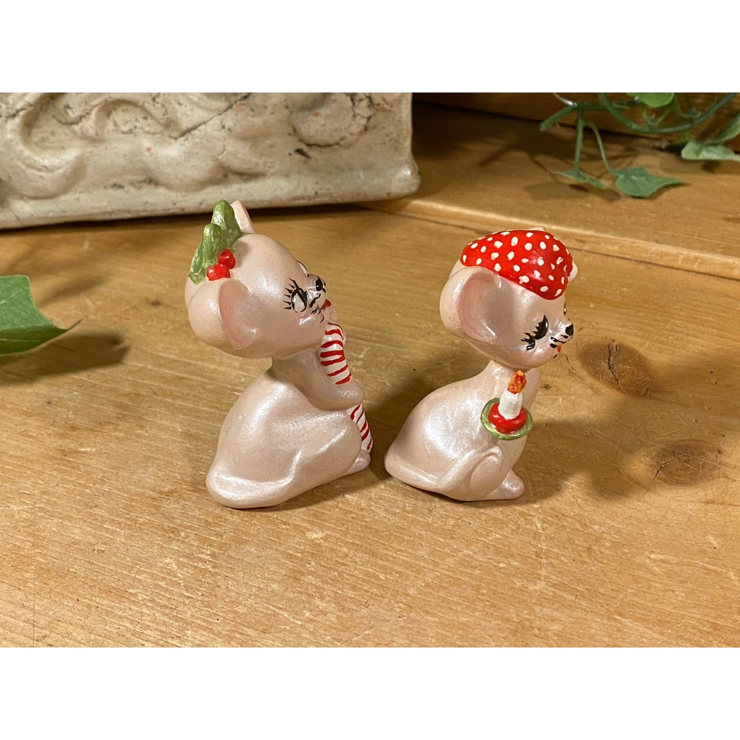 Vintage Christmas Mouse Figurines - Set of 2 | Christmas Mice | Candy Cane Mouse with Holly | Mouse with Red Hat, Candle | Midcentury Modern