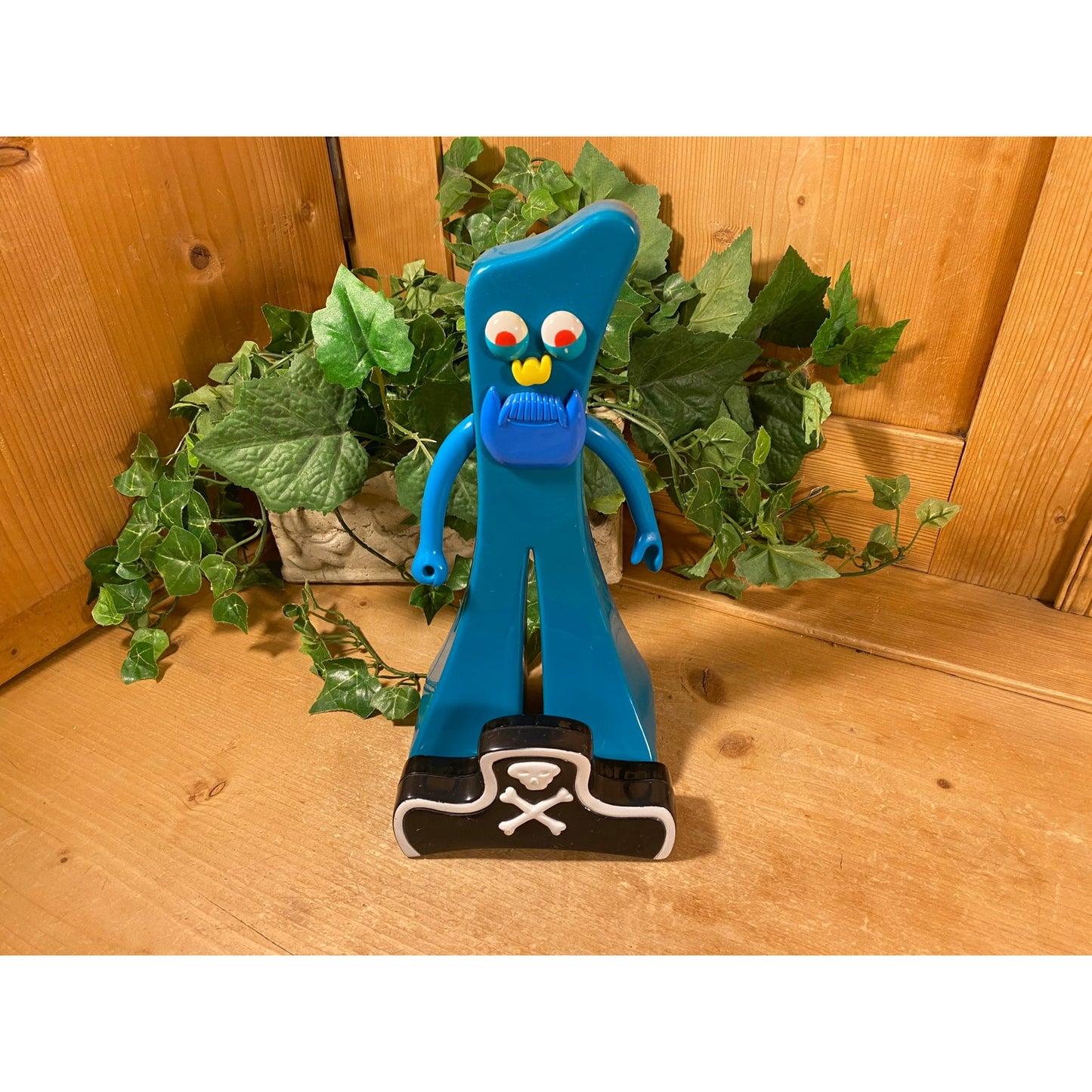 Vintage Gumby Toy Figurine with Pirate Hat | Bendy Blue Gumby with Pirate Disguise | Retro Desk Decor | Gumby with Beard and Pirate Hat