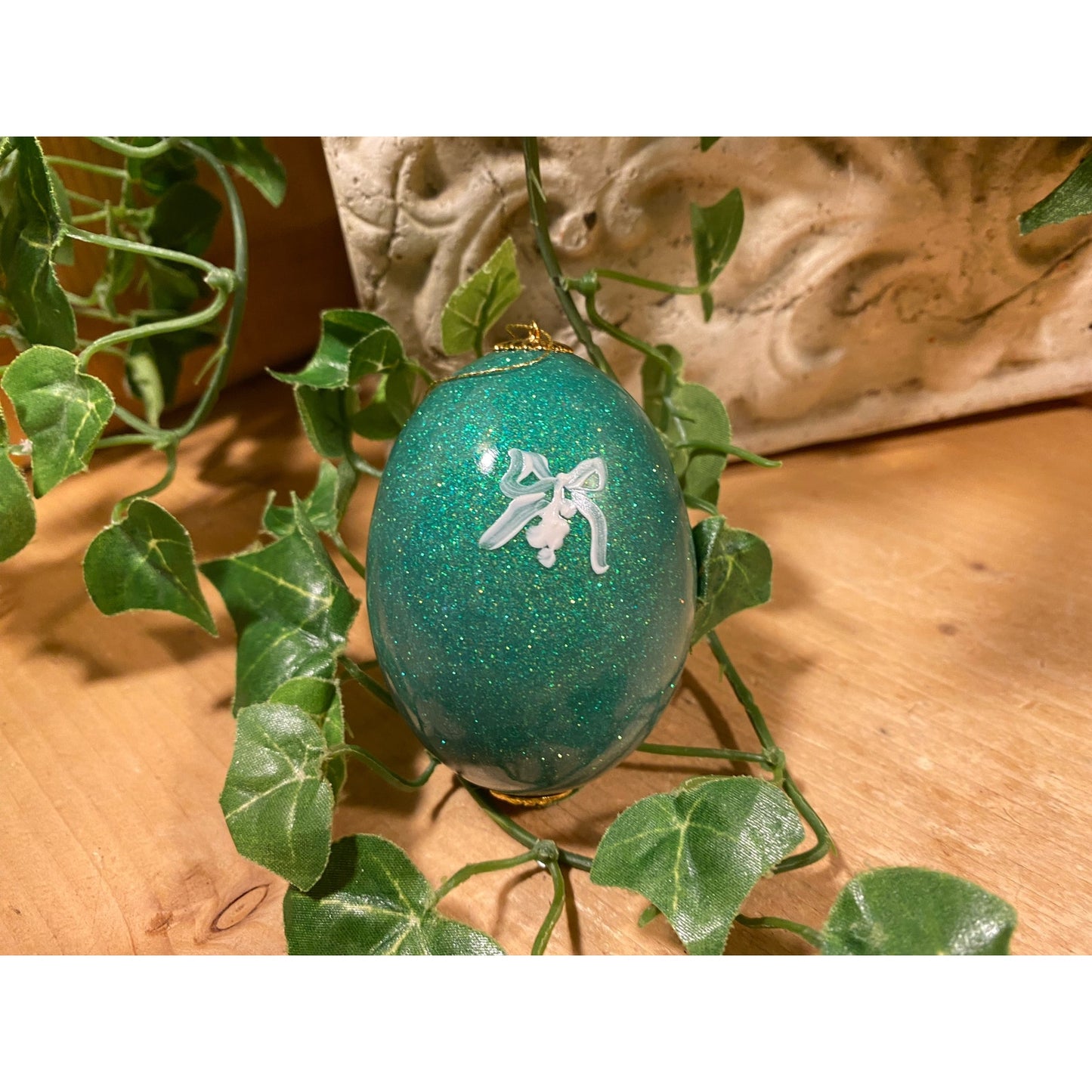 Vintage Handpainted Real Eggshell Ornament | Angels Under Mistletoe | Eggsquisite Egg | Green Christmas Egg | Painted Egg Signed by Artist
