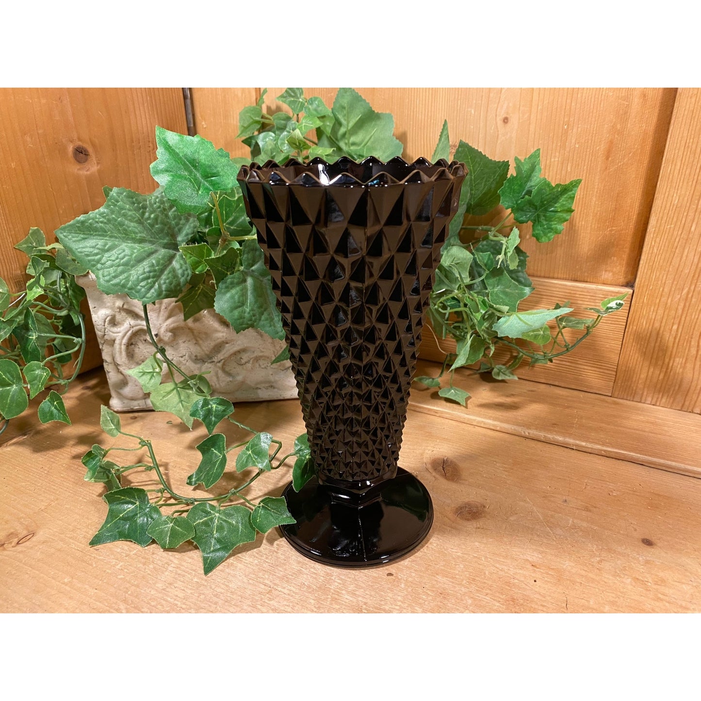 Vintage Black Amethyst Tiara Glass Flower Vase | Indiana Glass | Diamond Point Black Glass Vase | Midcentury Modern Table Decor | Academia