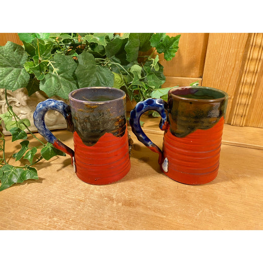 Antique Japanese Sumida Gawa Mugs -Set of 2 | Indue Ryosai Pottery | Asian | Vintage Glazed Pottery Art Mugs with 3D Figures | Academia