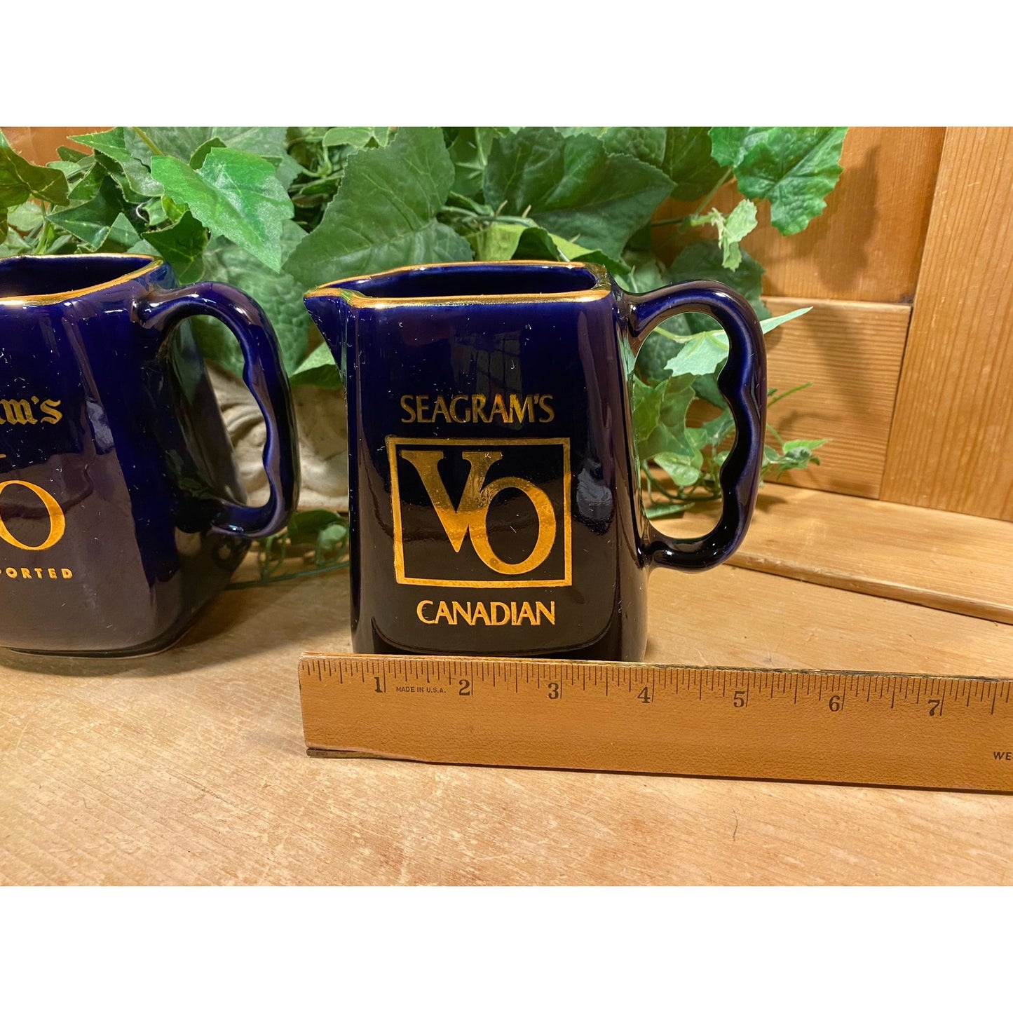 Vintage Seagram's VO Canadian Whiskey Pitchers - Set of 2 | Cobalt Blue Ceramic Whiskey Pitchers with Printed Logo | Academia | Home Bar