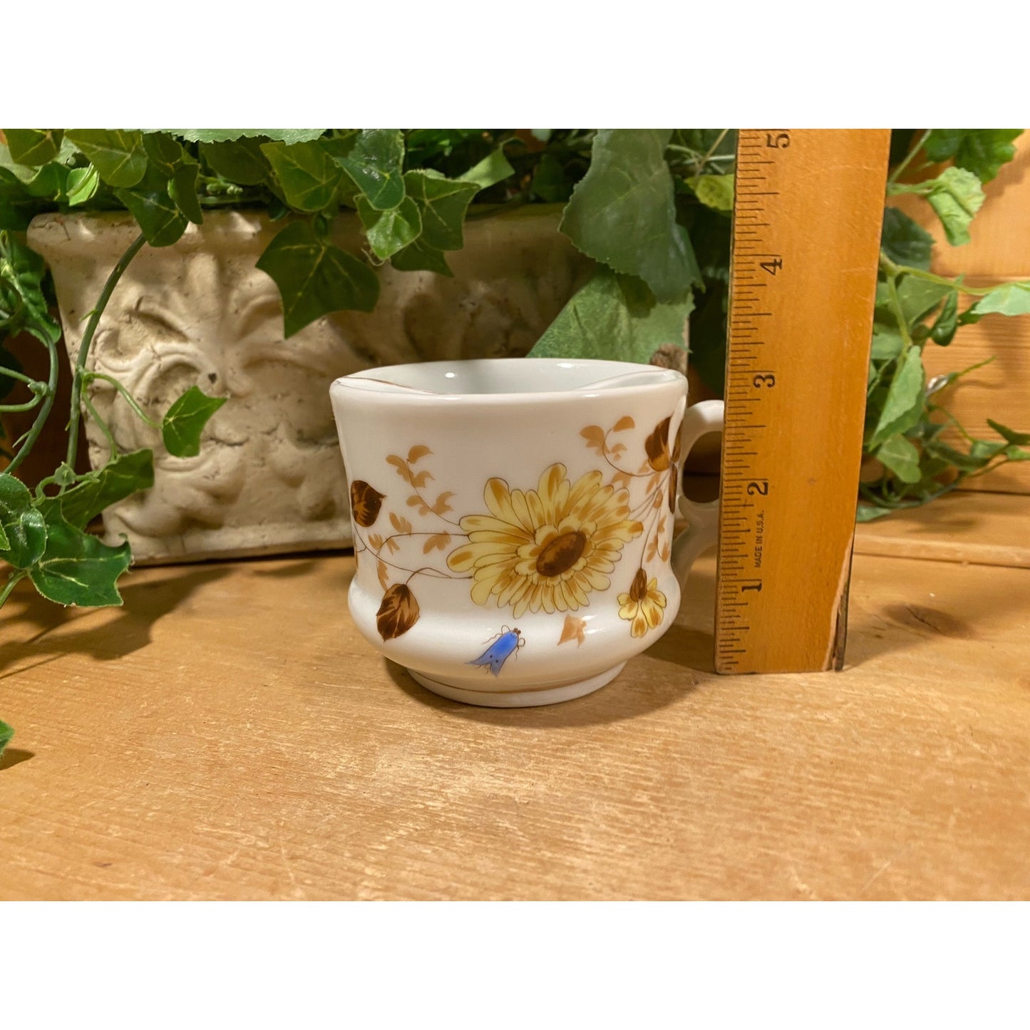 Vintage Floral Moustache Mug | White Mug with Yellow, Brown, and Blue Flowers | Shabby Chic Divided Mug | Victorian Mug | Flowered Mug