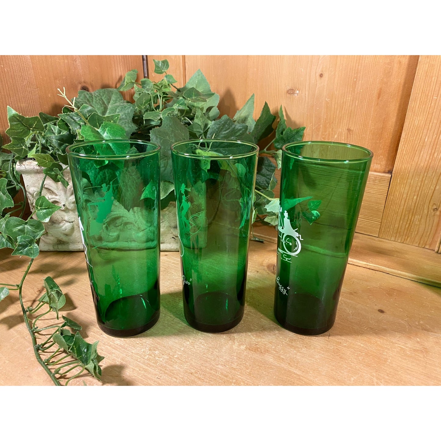 Vintage "Gay '90s Green Glass Drinking Glasses | Anchor Hocking | 3 Bicycle for Two, 2 Gas Buggy, 3 The Hansom | Green Glass Cups with 1890s