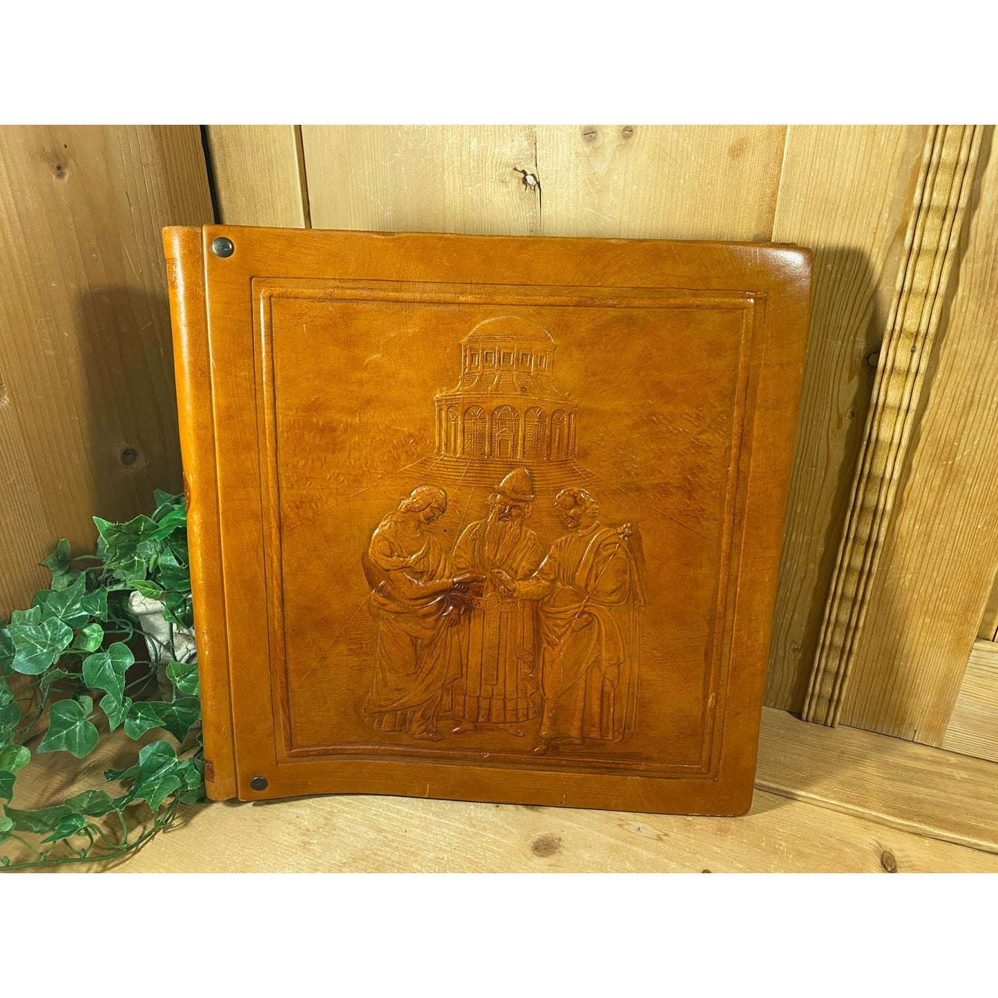 Vintage Leatherbound Sketch Book or Scrapbook w/ Embossed Greek Scene | Athens Greece | Unused, Blank Pages | Brown Leather Cover | Academia