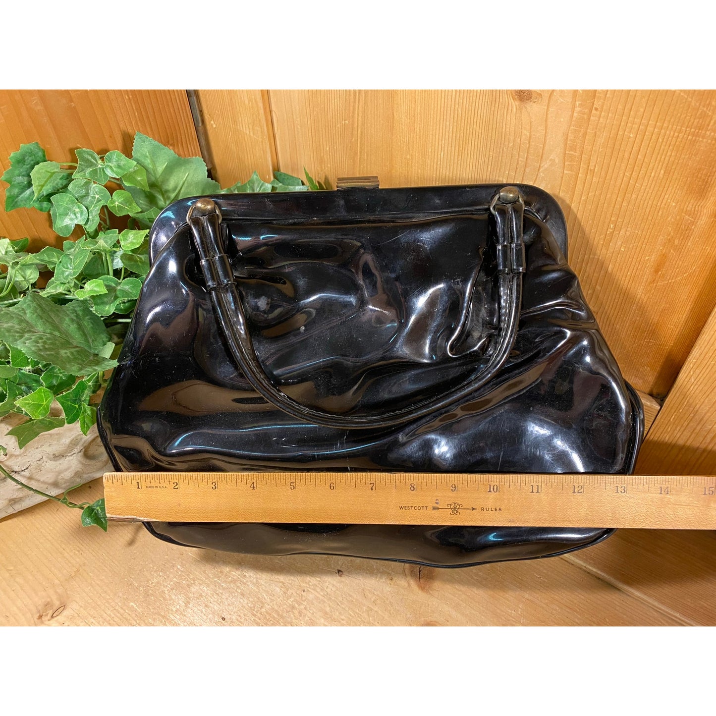 Vintage Black Patent Leather Handbag | Dova | USA | Midcentury Modern Purse with Top Handles | Black Patent Leather Handbag w/ Floral Lining