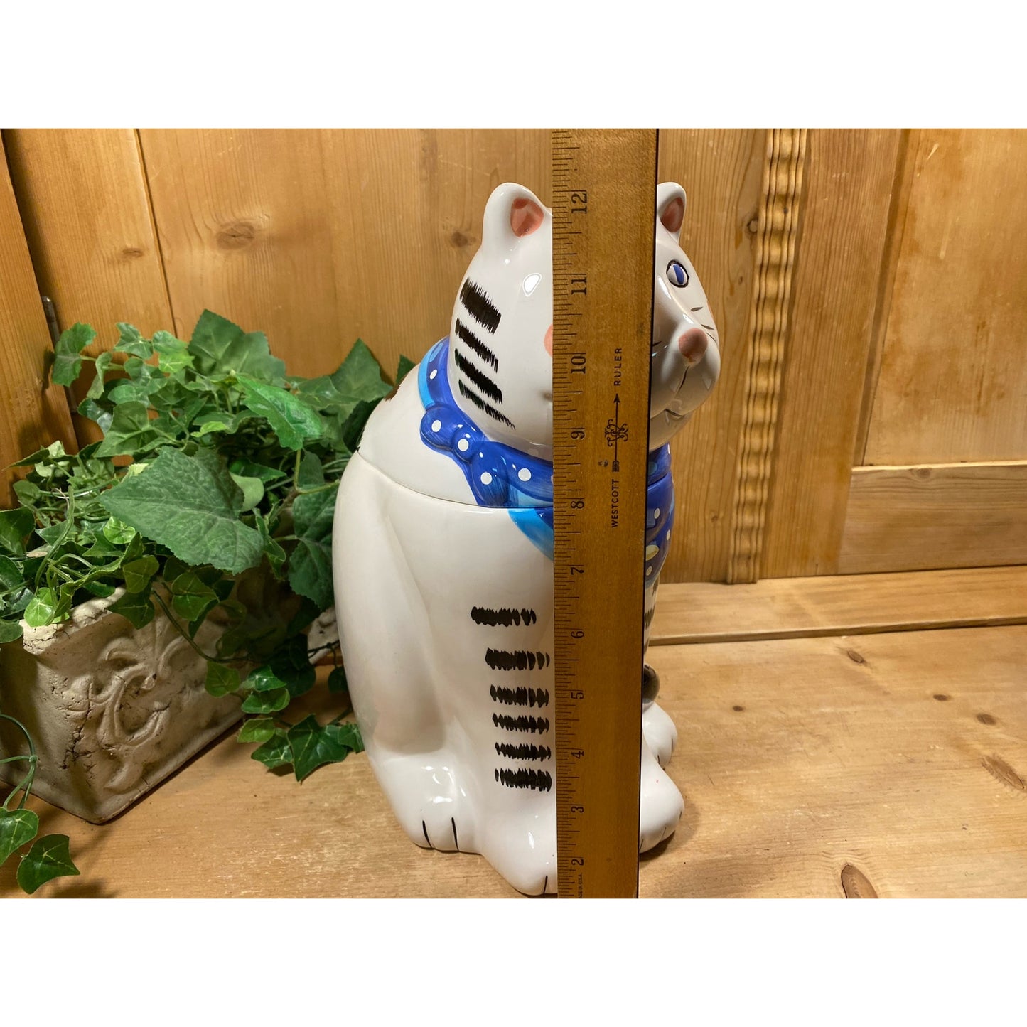 Vintage Ceramic Whimsical Cat Cookie Jar | Coco Dowley | Retro Cat Treat Jar | Farmhouse Kitchen Decor | Ceramic White Cat Treat Canister