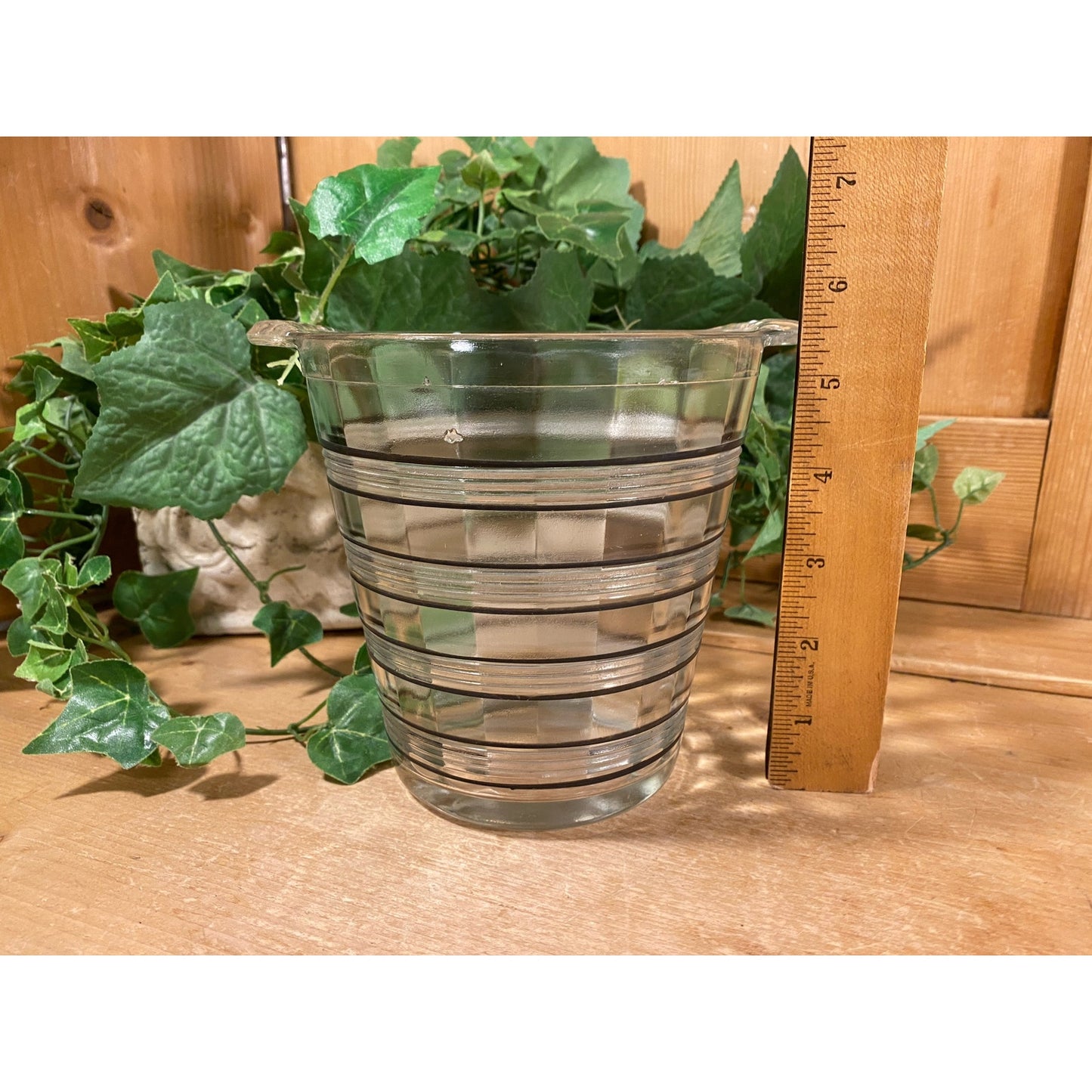 Vintage Striped Clear Glass Ice Bucket with Black Accents | Clear Glass Serving Dish for Wine or Champagne | MCM | Midcentury Modern Barware