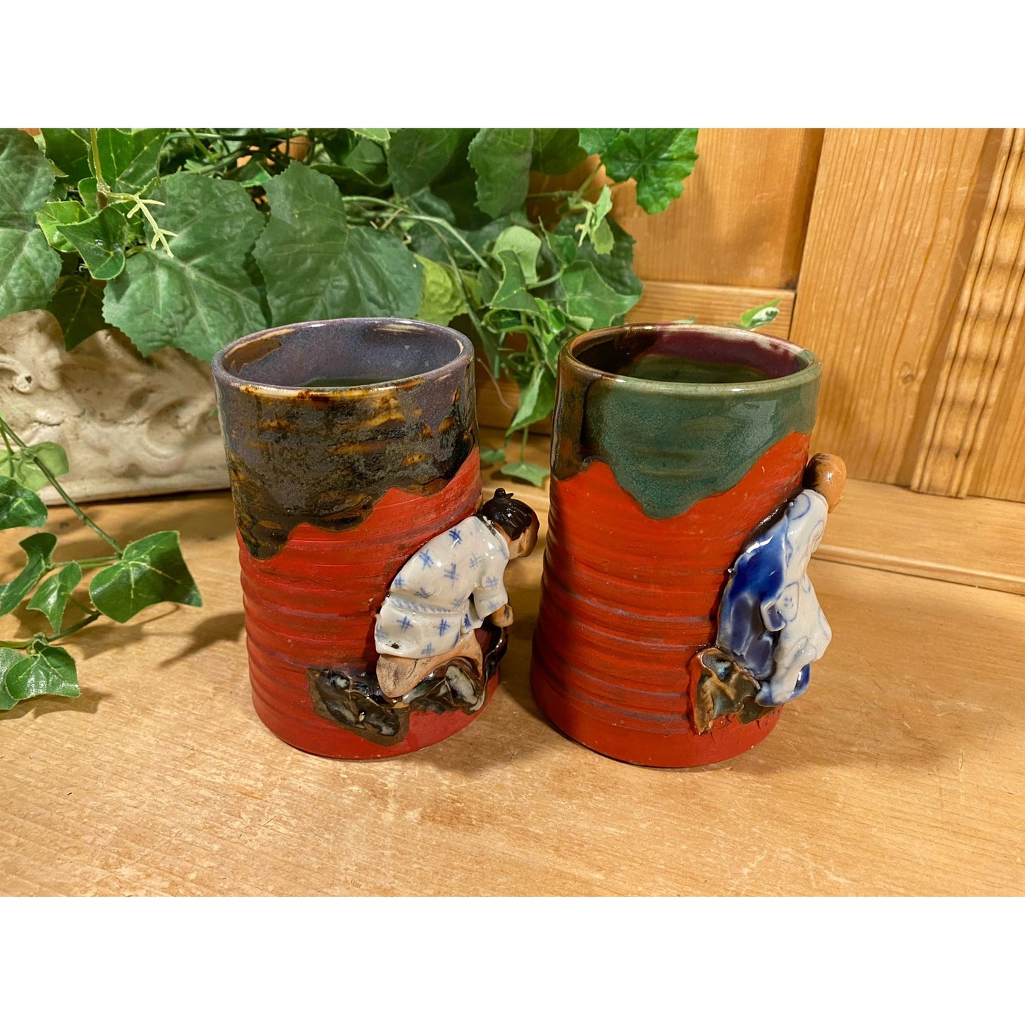 Antique Japanese Sumida Gawa Mugs -Set of 2 | Indue Ryosai Pottery | Asian | Vintage Glazed Pottery Art Mugs with 3D Figures | Academia