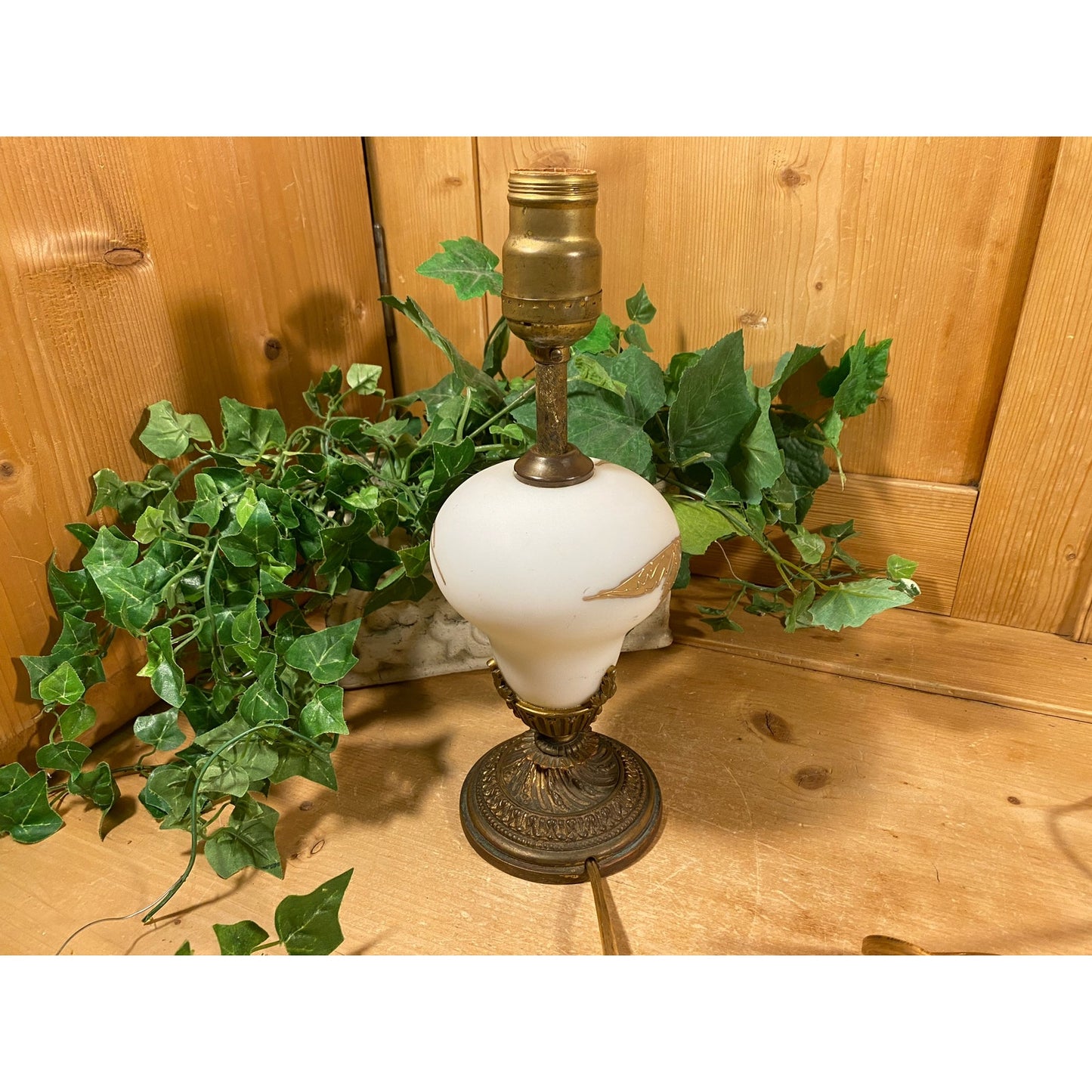 Vintage Frosted White Glass Lamp Base with Golden Leaves | Rewired Victorian Table Lamp | Shabby Chic Glass + Metal Living Room Lamp