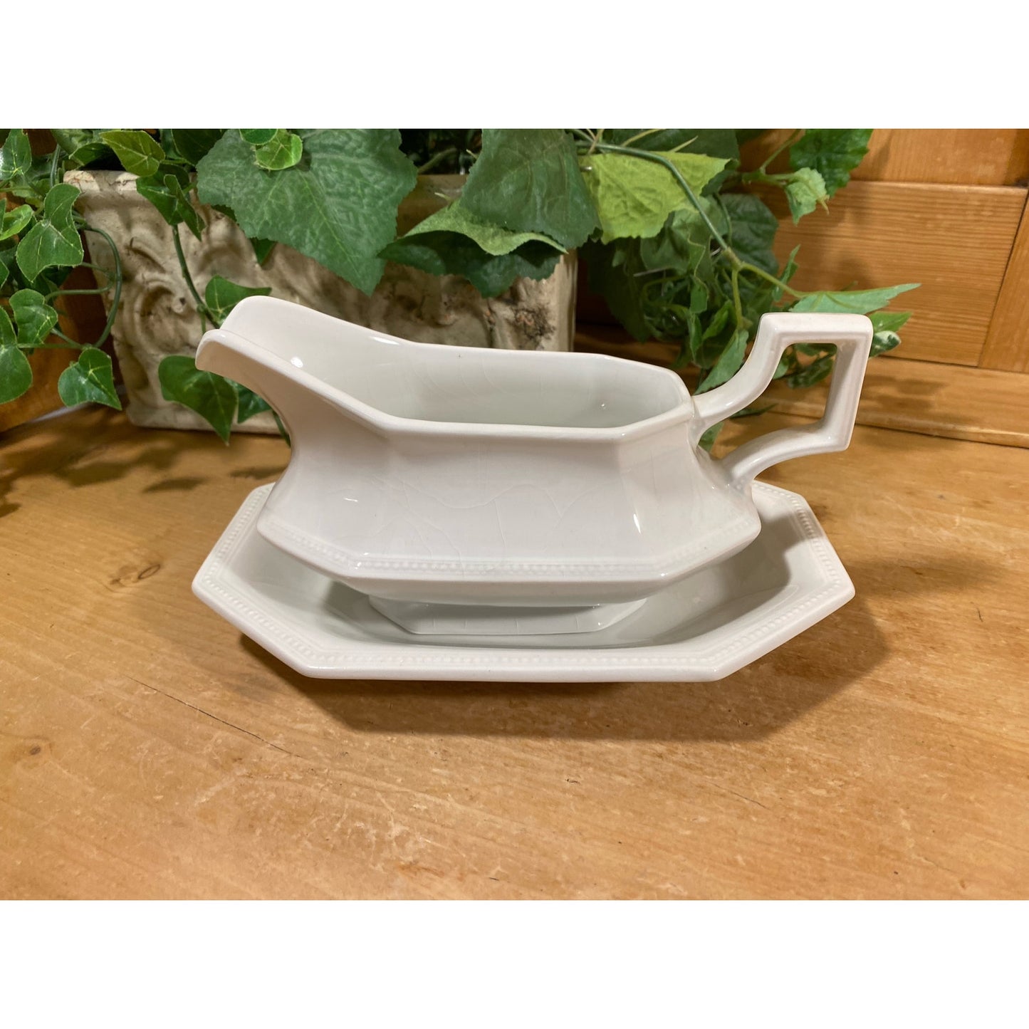 Vintage White Ironstone Gravy Boat + Plate | Johnson Bros. | Made In England | English Ironstone | Farmhouse Table Decor | Stoneware Dish