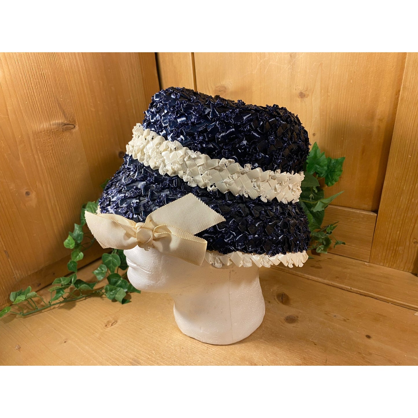 Vintage Blue Cello Straw Hat with Ivory Trim | Rikes Duby | Midcentury Modern | Navy Blue Cello Straw Hat | Costume | MCM | Womens Fashion