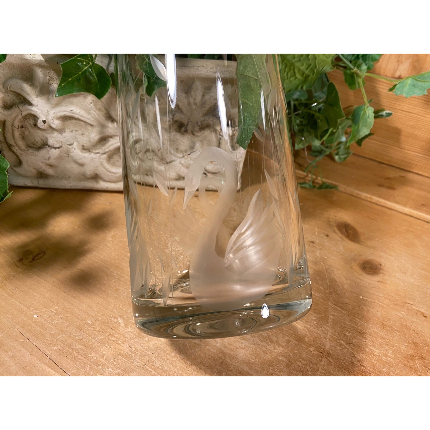 Vintage Clear Round Etched Glass Swan Vase | Round Glass Swan Flower Vase | Cottagecore Table Decor | Swans | Swan Decor | Etched Glass Vase